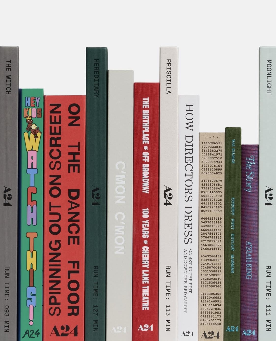 This image displays a vertical arrangement of book spines, characterized by a strong, consistent typographic hierarchy and a monochromatic color scheme punctuated by vibrant accents. The design suggests a curated collection or series, employing clean lines and clear labeling to create a structured yet visually engaging catalog.