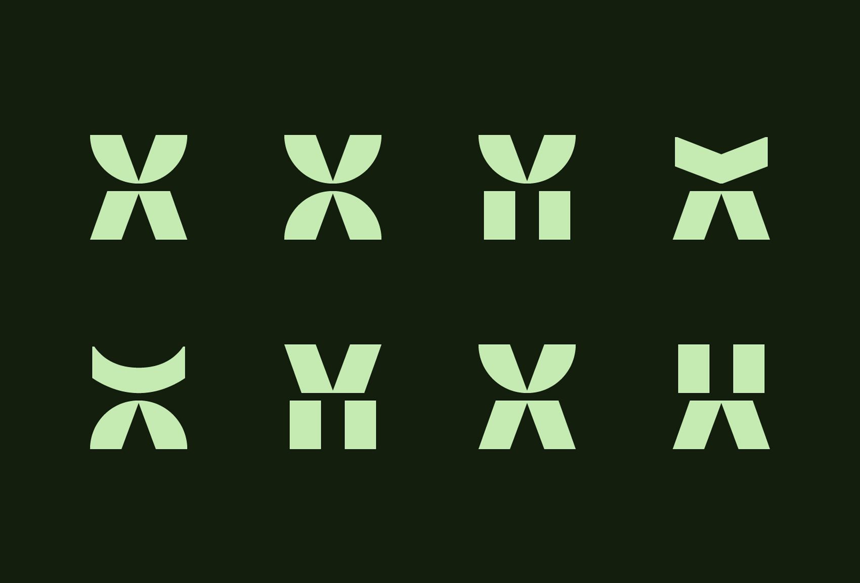 This image showcases a set of clean, geometric glyphs arranged in a grid against a dark background. The design emphasizes balance, precision, and negative space, creating a sophisticated and modern visual language.