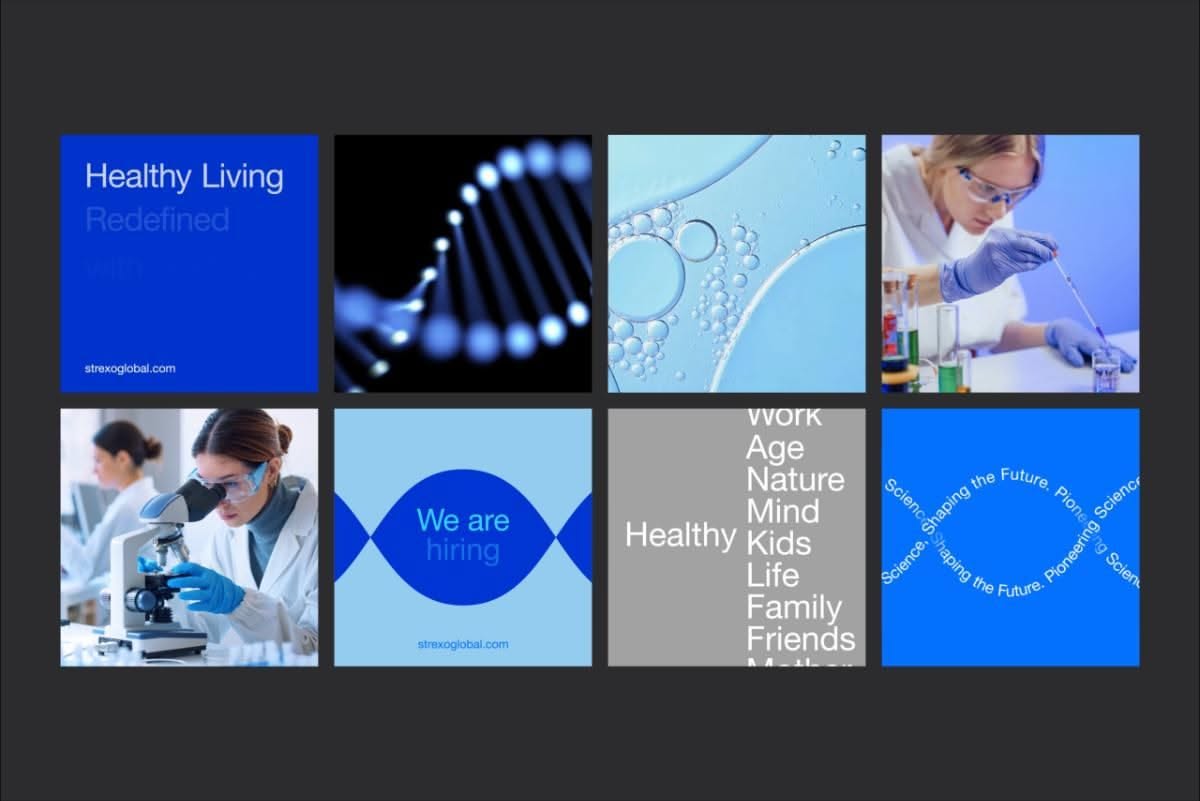 The image is a grid of diverse, clean, and modern visual tiles, likely serving as corporate or informational branding elements. The design relies heavily on abstract shapes, bright blues, and high-key photography to convey a sense of health, science, and innovation.