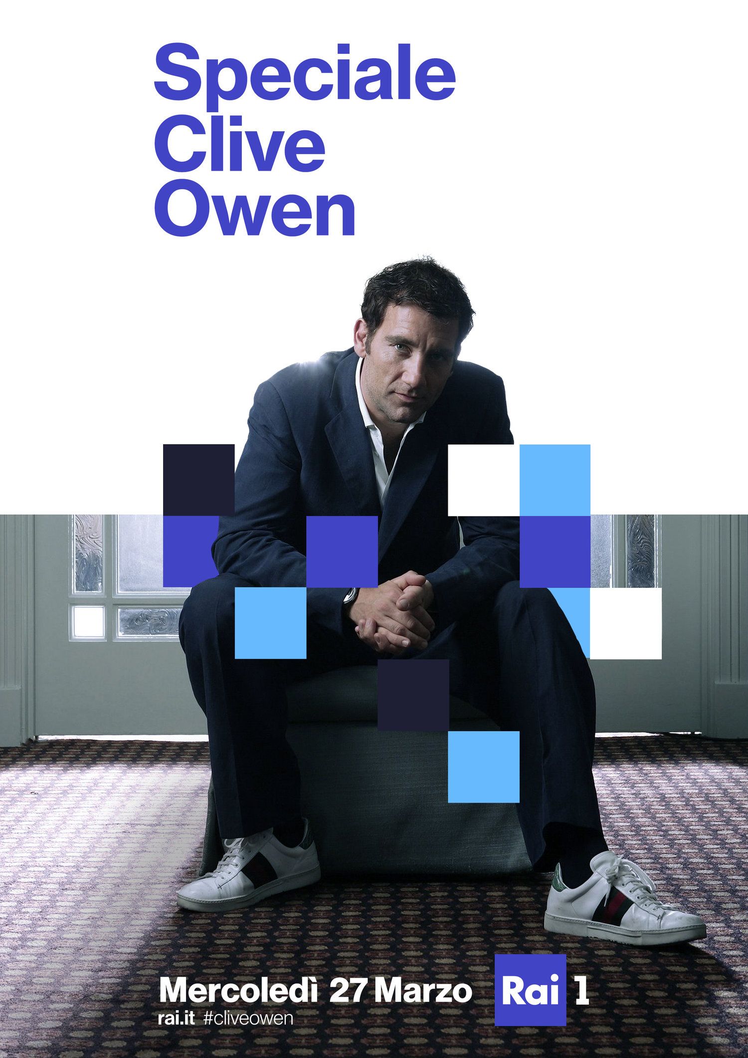 This is a clean, promotional design utilizing strong contrast between deep blues and neutral grays to feature a subject. The composition is balanced, placing the central figure against a muted background with geometric blue overlays to create visual interest. The overall feel is professional, media-oriented, and slightly dramatic.