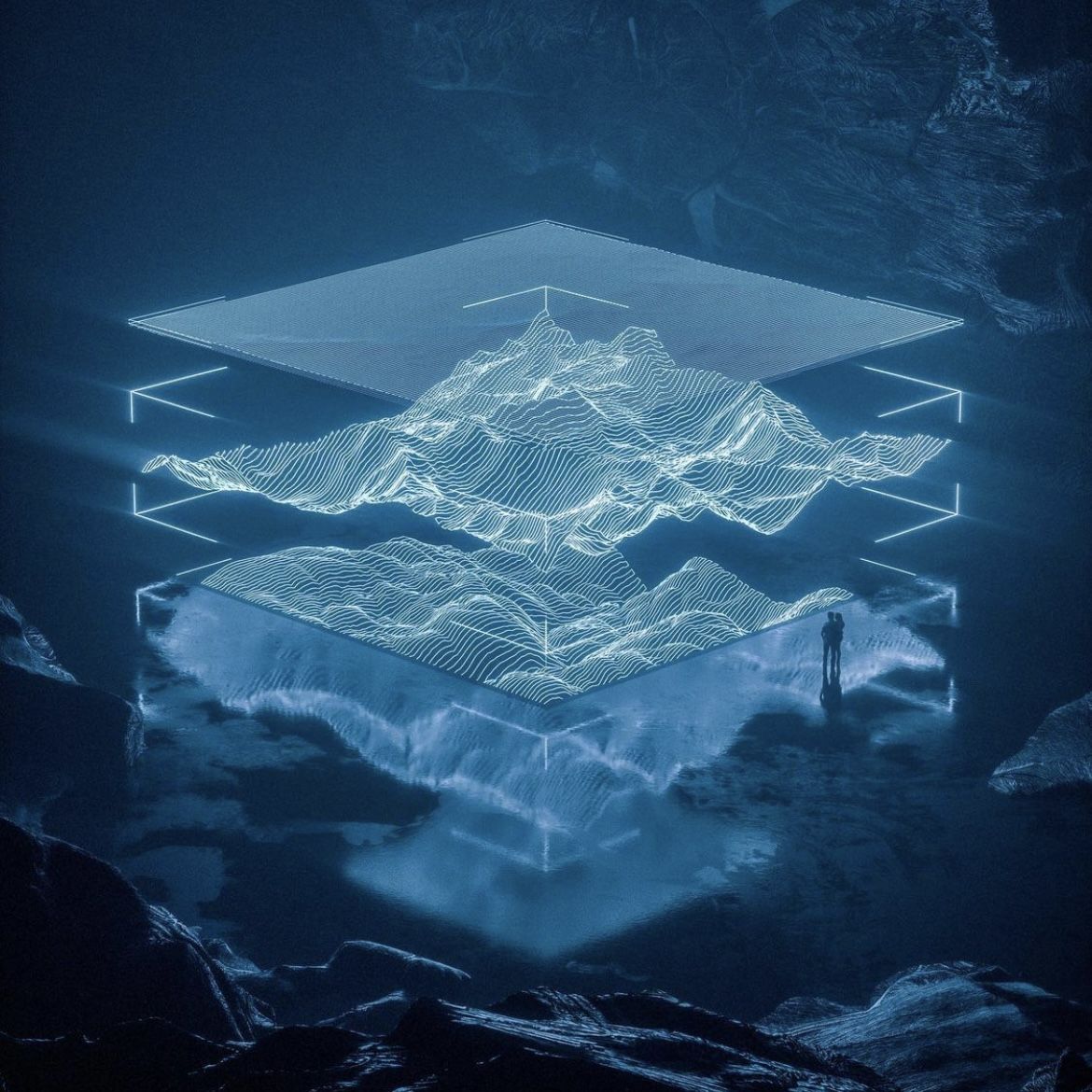 This image showcases a highly stylized, futuristic visualization where a mountainous landscape is rendered using intricate cyan wireframes and geometric grids. The design effectively blends natural forms with advanced digital technology, creating a striking contrast between light and deep shadow. The visual language is clean, precise, and deeply atmospheric.
