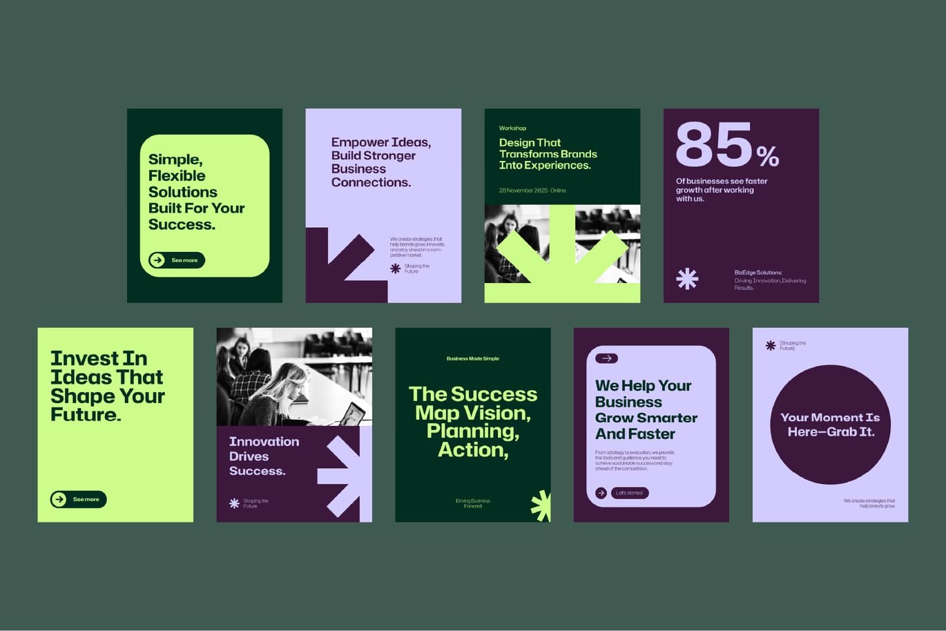 This design utilizes a clean, modern grid layout to present various business features or solutions in an engaging and structured manner. The visual language relies on deep, rich tones contrasted sharply by vibrant lime green accents to draw attention to key information.