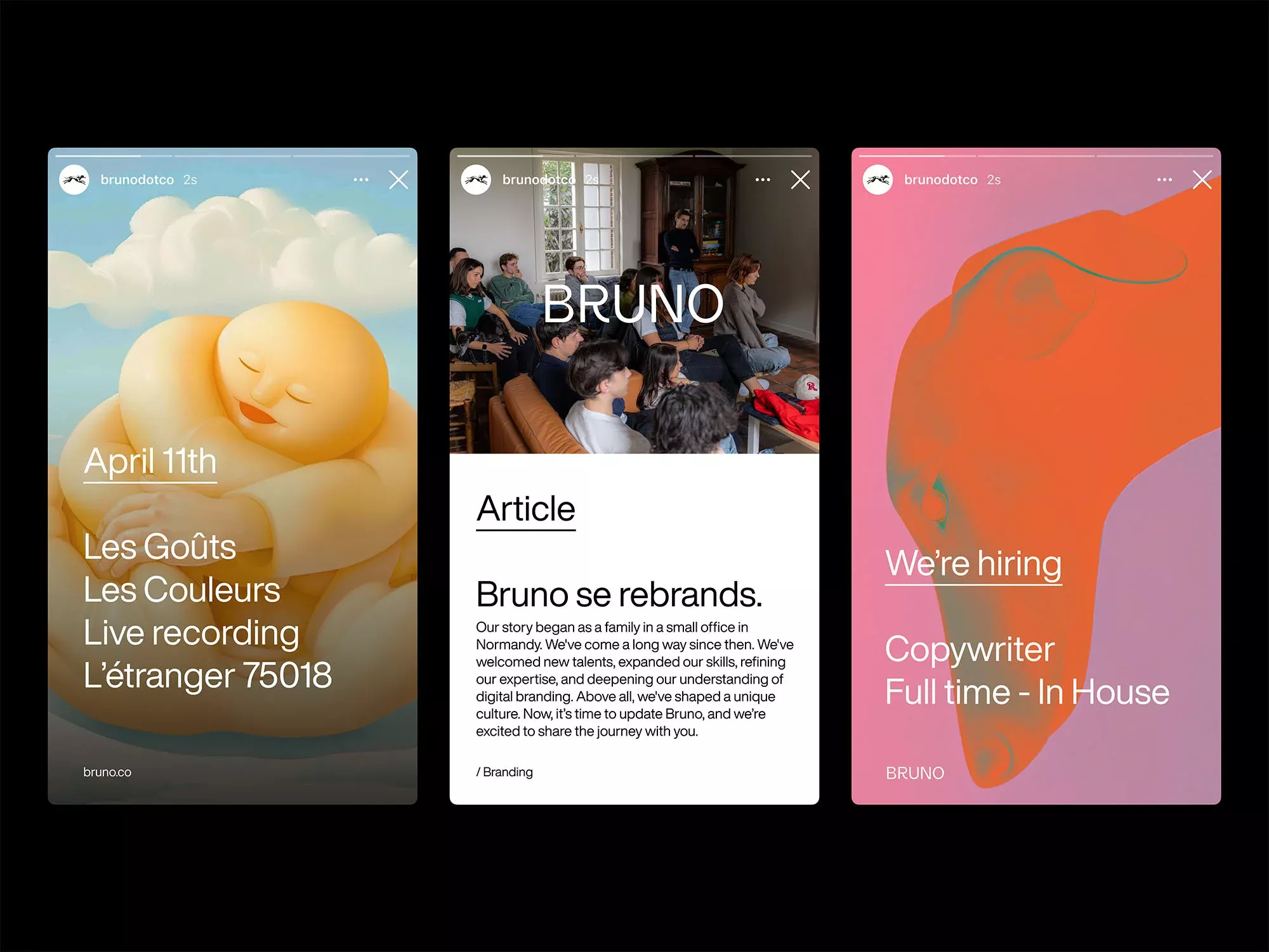 A modern triptych of mobile app screens showcasing contemporary design with bold typography, vibrant gradients, and lifestyle imagery. The design language blends minimalist layouts with expressive color blocking and organic shapes, creating a cohesive visual system across event promotion, editorial content, and recruitment messaging.