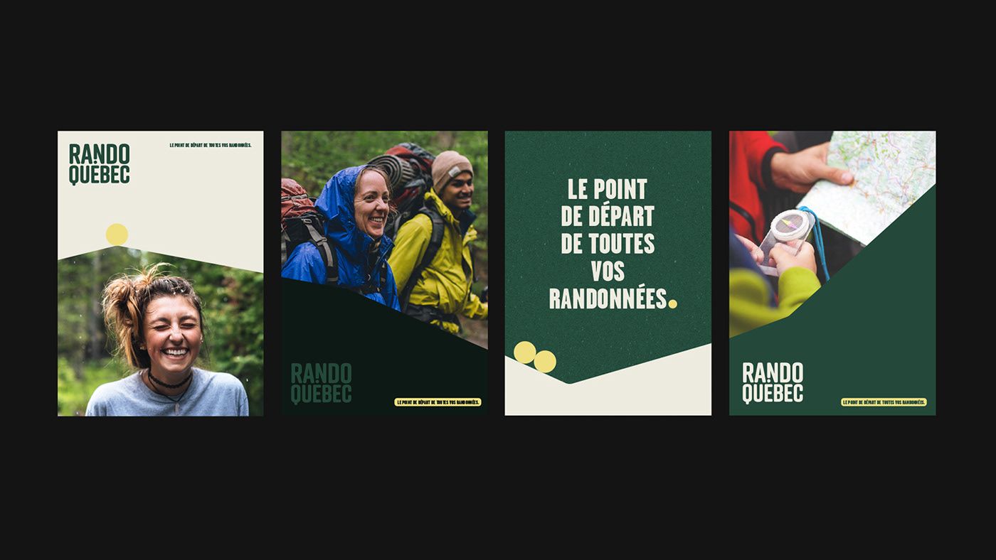 This is a series of four horizontal promotional panels, likely for an outdoor or hiking-related brand called Rando Quebec. The design uses a clean, modern aesthetic with natural imagery and a muted, earthy color palette to evoke feelings of adventure and nature.
