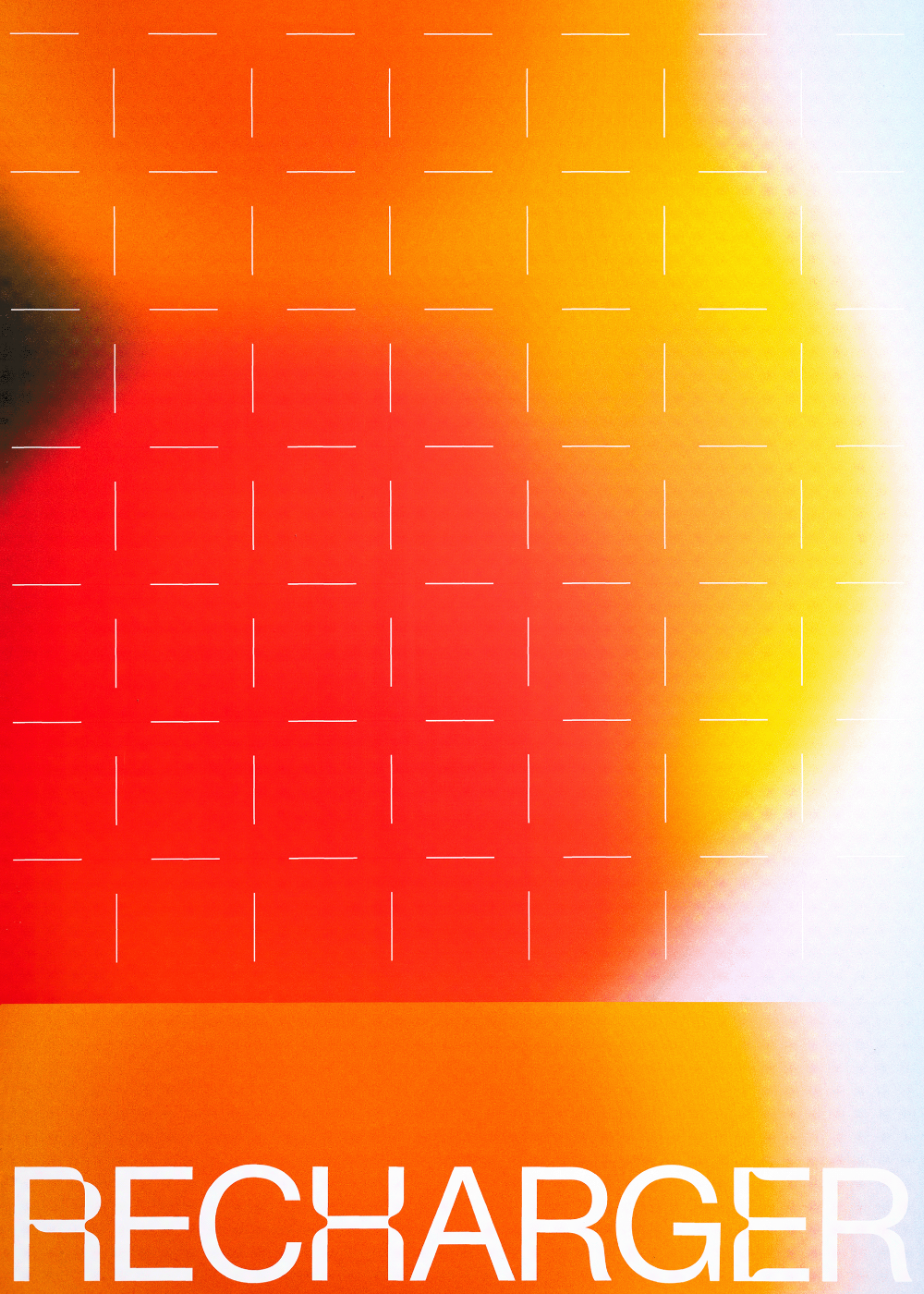 The design features a vibrant, warm gradient transitioning from deep red to bright yellow and white, overlaid with a grid pattern. The composition is bold and graphic, using color saturation to create an energetic and modern feel.