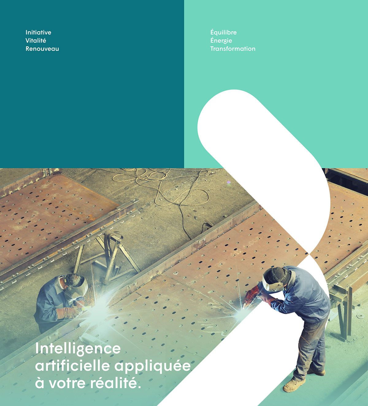 The design uses a clean, modern aesthetic with a split composition featuring abstract color blocks and a photographic element showing industrial work. The visual language is professional and technical, contrasting solid blocks with an organic white shape.