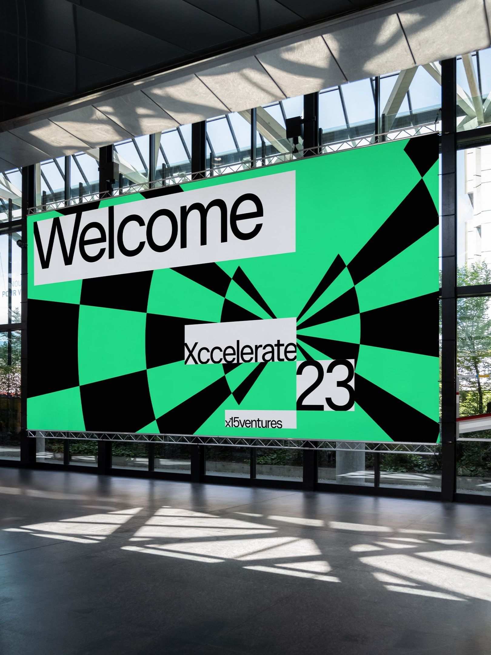 This design utilizes a bold, high-contrast geometric pattern to create an energetic and modern visual statement. The use of vibrant lime green against stark black and white ensures the message is immediately eye-catching and dynamic. The overall feel is professional, welcoming, and forward-thinking.