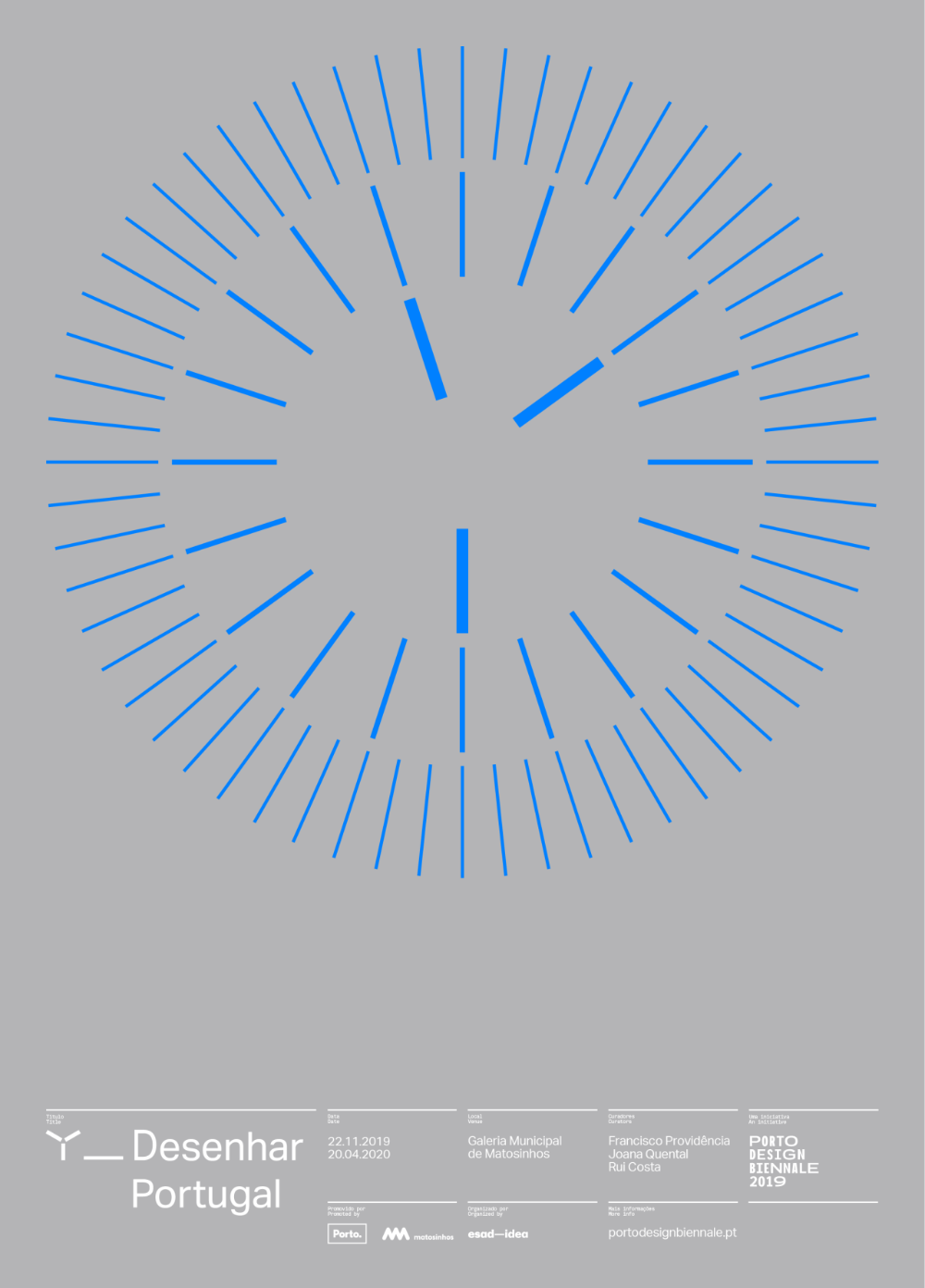 This is a minimalist, abstract design featuring radiating lines resembling a clock face or sunburst pattern against a muted gray background. The use of simple blue lines creates a sense of structure, precision, and modern simplicity.