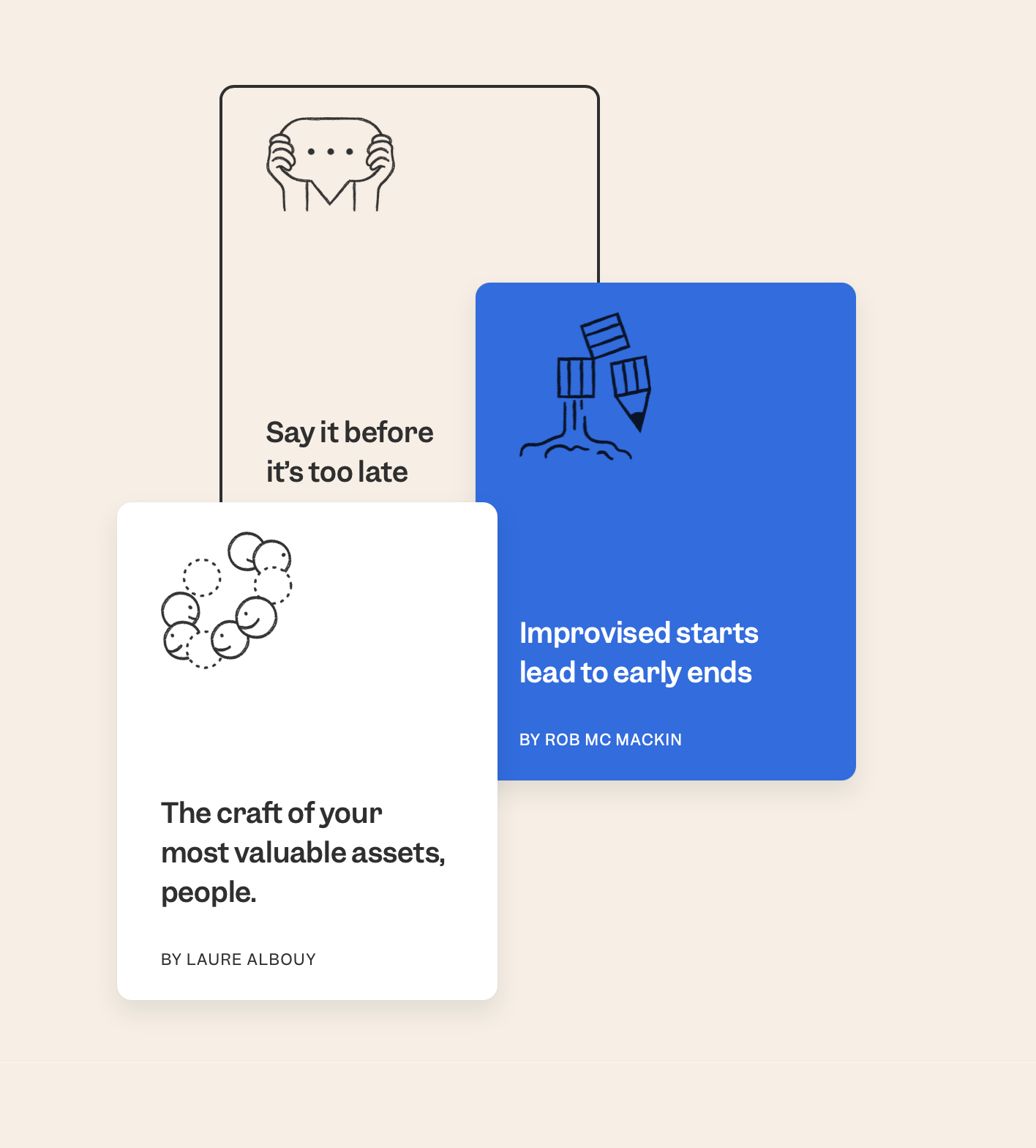 The image presents a clean, minimalist design featuring three distinct quote cards with simple line art illustrations. The visual language is modern and professional, relying on negative space and clear typography to convey concise wisdom or advice.