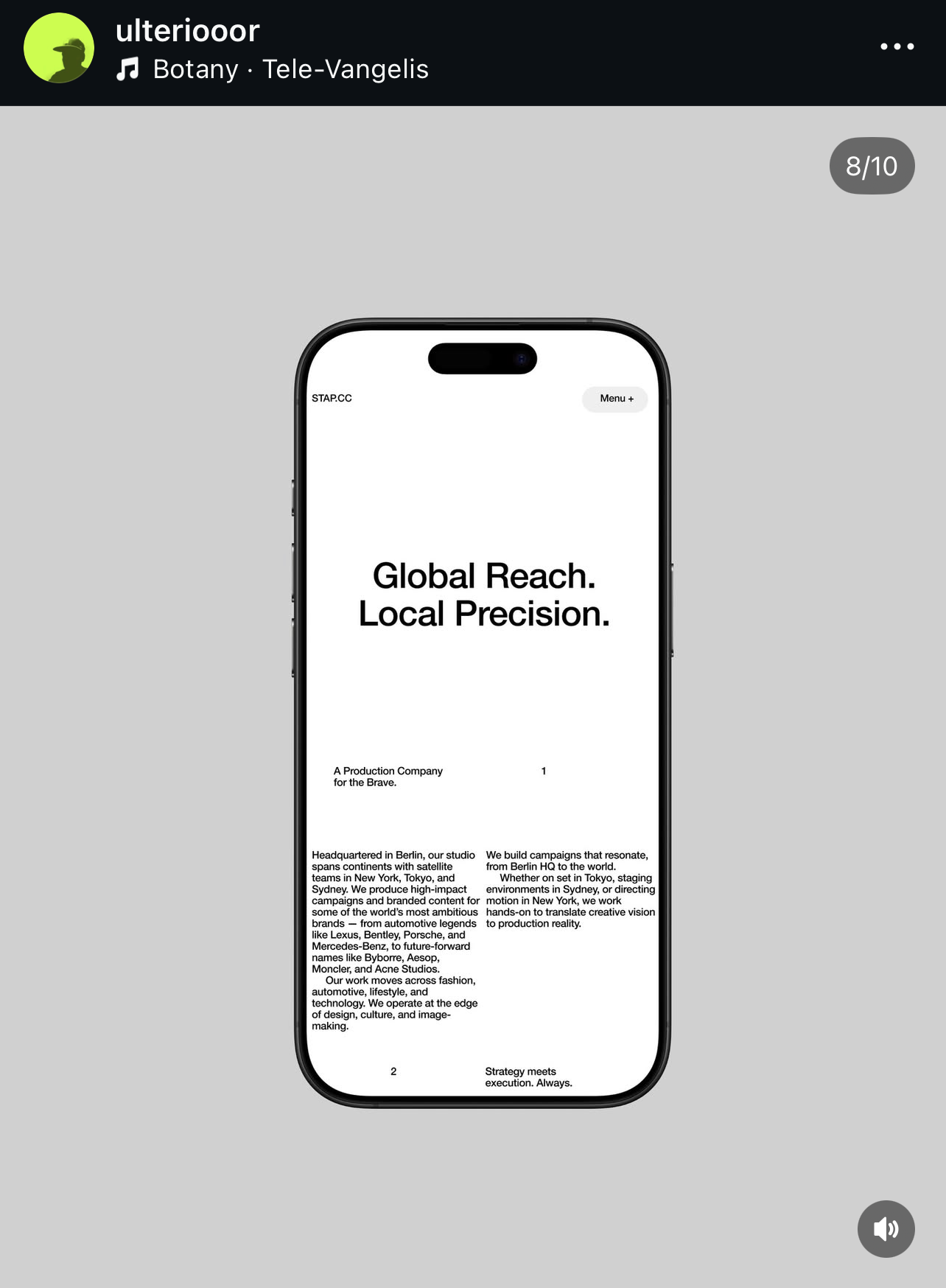 A minimalist mobile interface design showcasing a clean, modern web presentation with bold typography and ample whitespace. The design emphasizes clarity and sophistication through a stark contrast between the device frame and the content, presenting a professional brand narrative with the tagline 'Global Reach. Local Precision.'