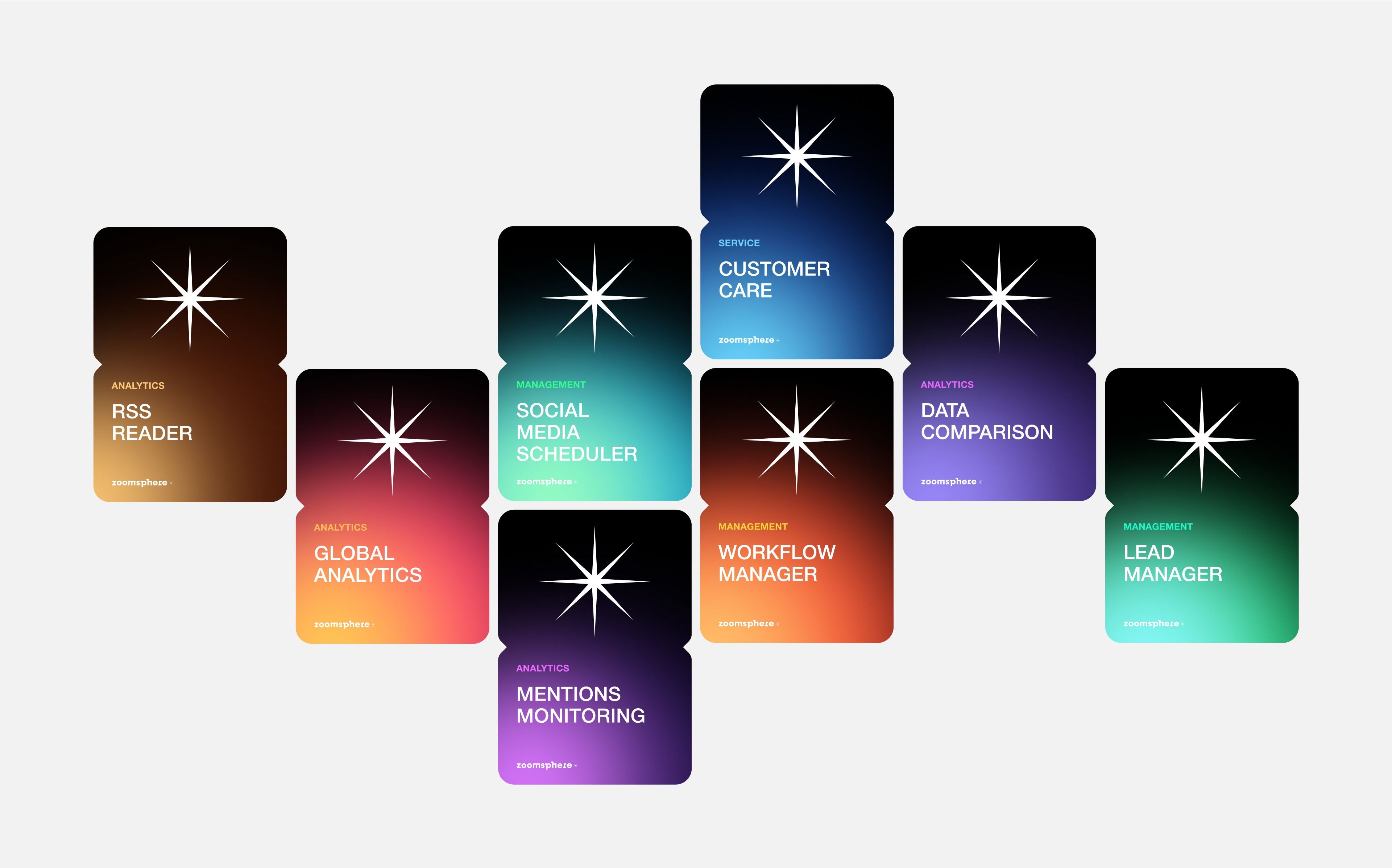 This design utilizes a dark, modular aesthetic to present various analytical tools or services. The visual language is clean and modern, relying on distinct blocks of color to differentiate functional modules while maintaining a consistent starburst icon motif.