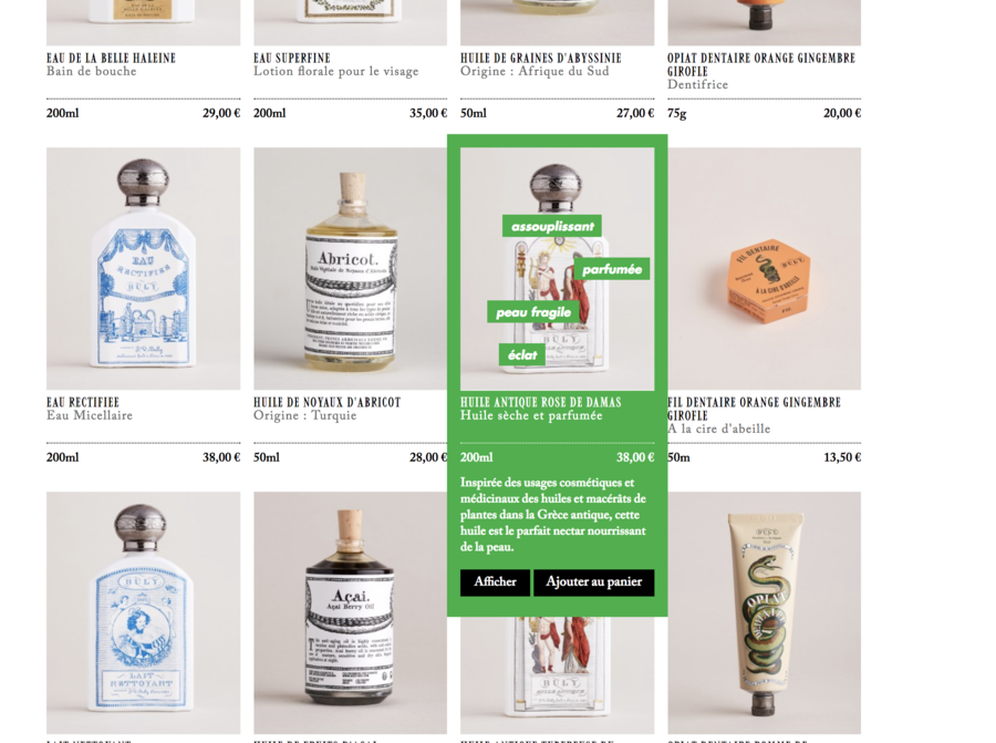 The image presents a clean, professional catalog layout featuring various cosmetic or perfumery products. The design relies on clear product photography against a neutral background, emphasizing the glass bottles and labels with precise, organized spacing.