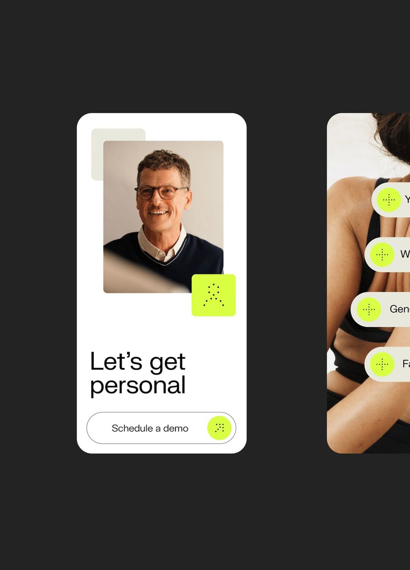 A modern mobile interface design featuring a clean, minimalist card layout with a professional portrait and bold call-to-action. The design employs a striking contrast between neutral tones and vibrant neon yellow accents, creating a contemporary and approachable digital experience.