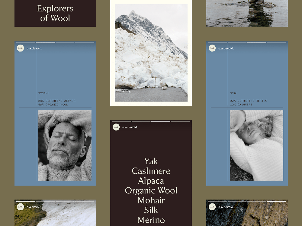 A sophisticated editorial layout showcasing natural fiber materials and textiles through a grid-based design system. The composition combines documentary photography with minimalist typography, presenting a curated collection of material swatches and landscape imagery that emphasizes organic, artisanal production.