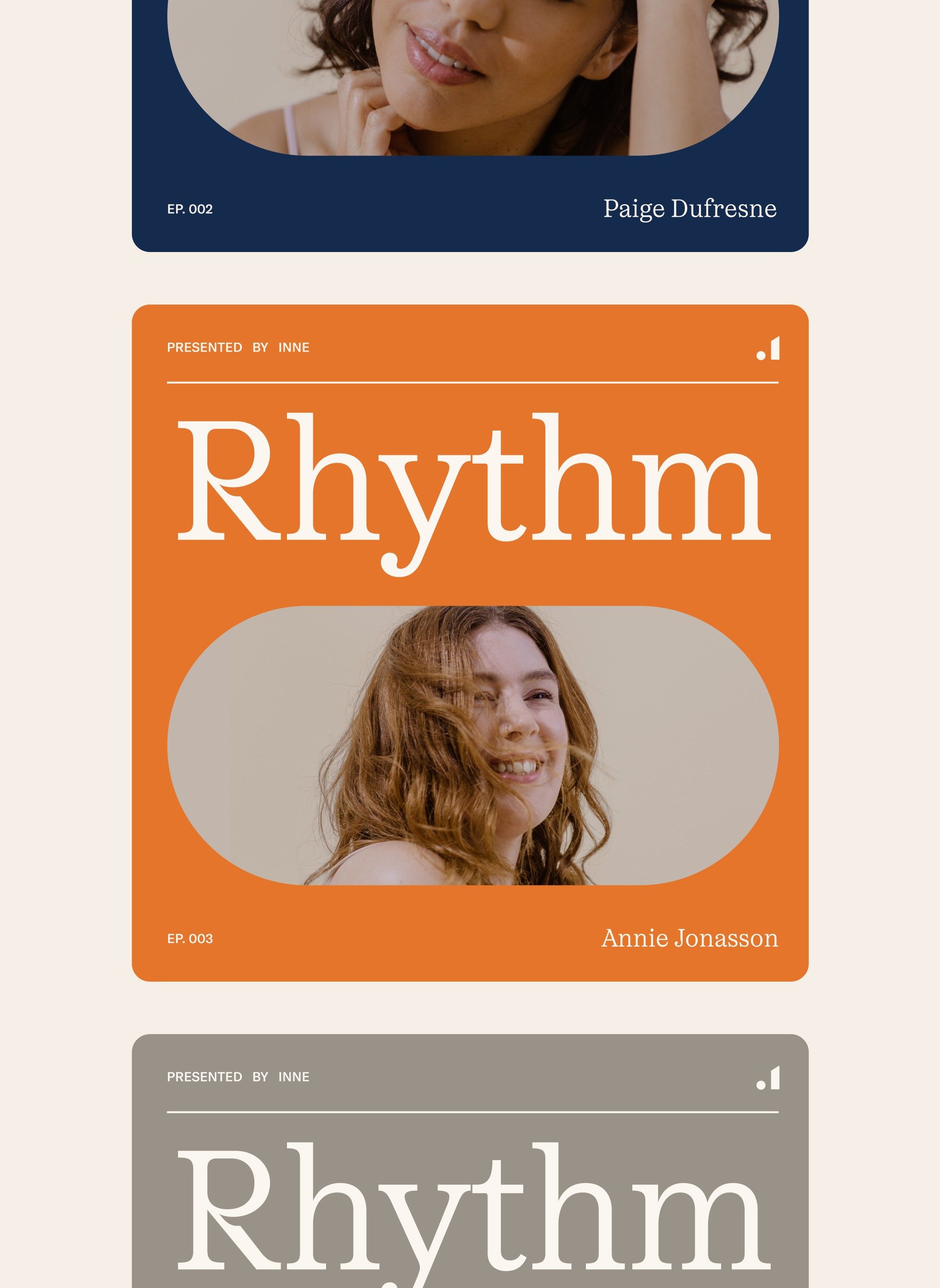 This visual collection employs a contemporary editorial style characterized by strong photographic portraiture contrasted with bold, clean typography. The designs utilize strategic color blocking and negative space to create a sophisticated yet vibrant atmosphere.