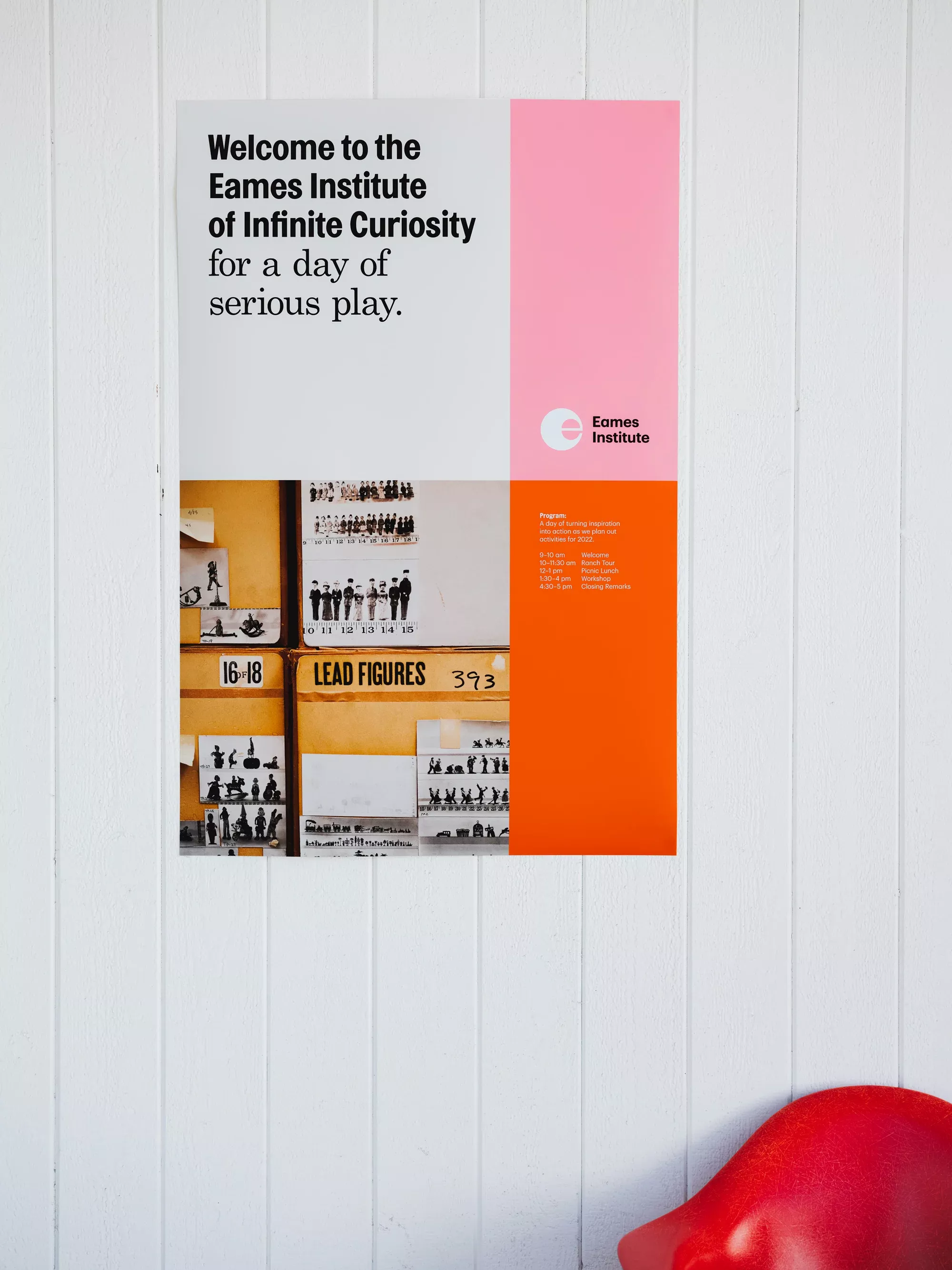 The design employs a clean, modern aesthetic using a limited, sophisticated color palette dominated by soft pinks and warm oranges against a white background. The layout is structured with clear blocks of color and text, suggesting an institutional or academic context.