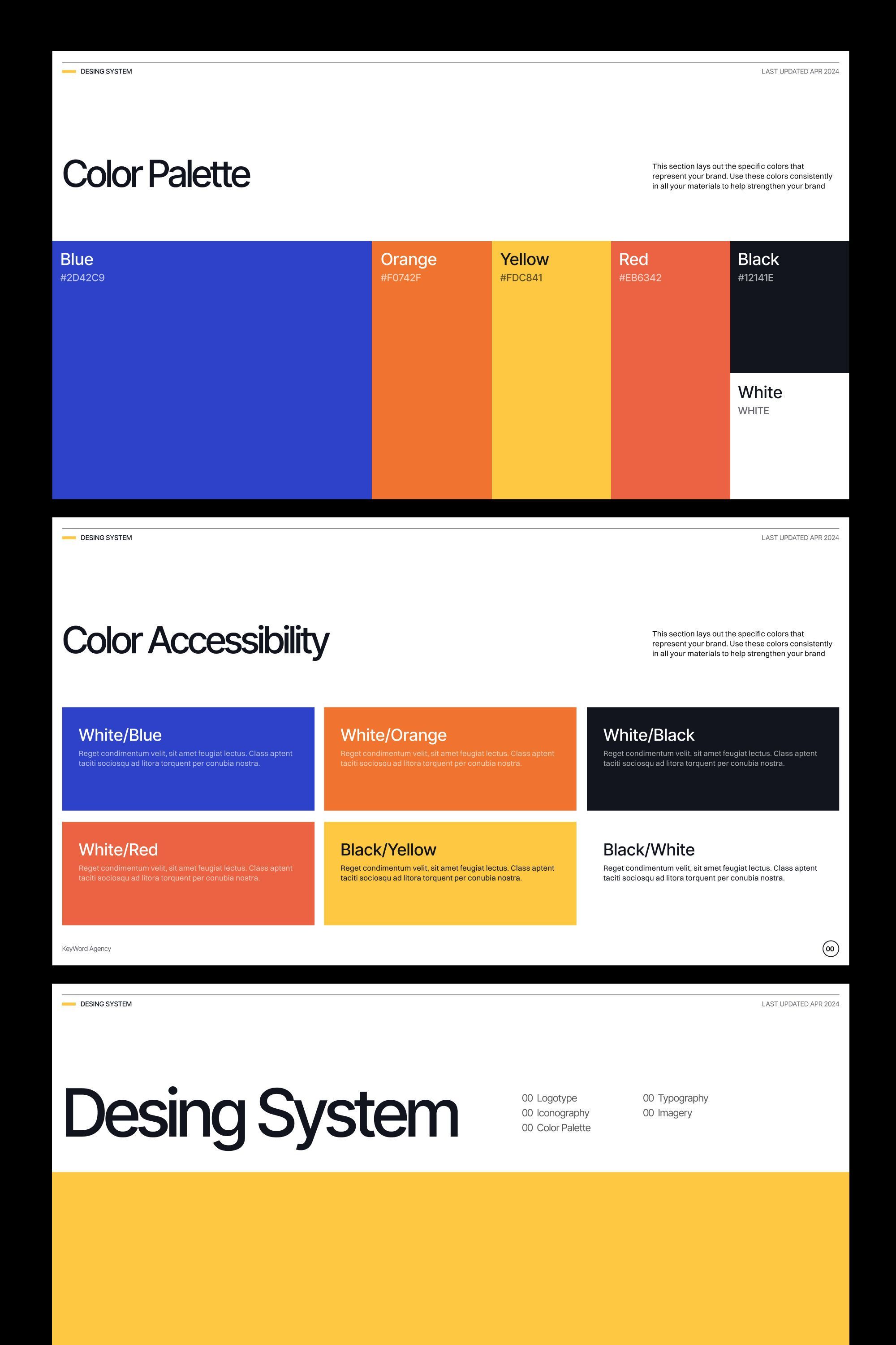 This design showcases a clean, structured approach to presenting color palettes and accessibility information using bold, distinct blocks of color. The visual language is highly organized, relying on strong contrast and clear segmentation to convey technical information effectively.
