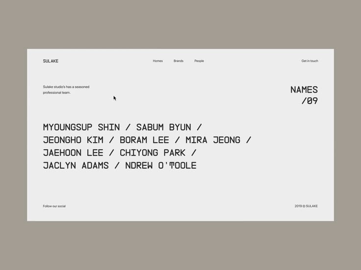 The design is minimalist and clean, utilizing a stark white background with subtle gray text to convey a professional and modern aesthetic. The layout is simple, focusing entirely on presenting a list of names, suggesting a directory or credits page.