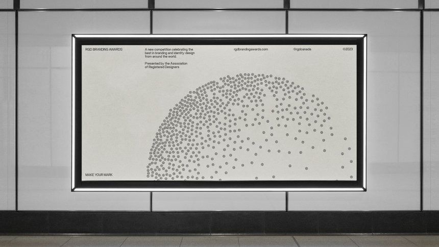 This display utilizes a clean, minimalist aesthetic to present an award or achievement. The visual language relies heavily on clear typography and a large, repeating geometric pattern to convey professionalism and recognition. The overall feel is academic, precise, and sophisticated.