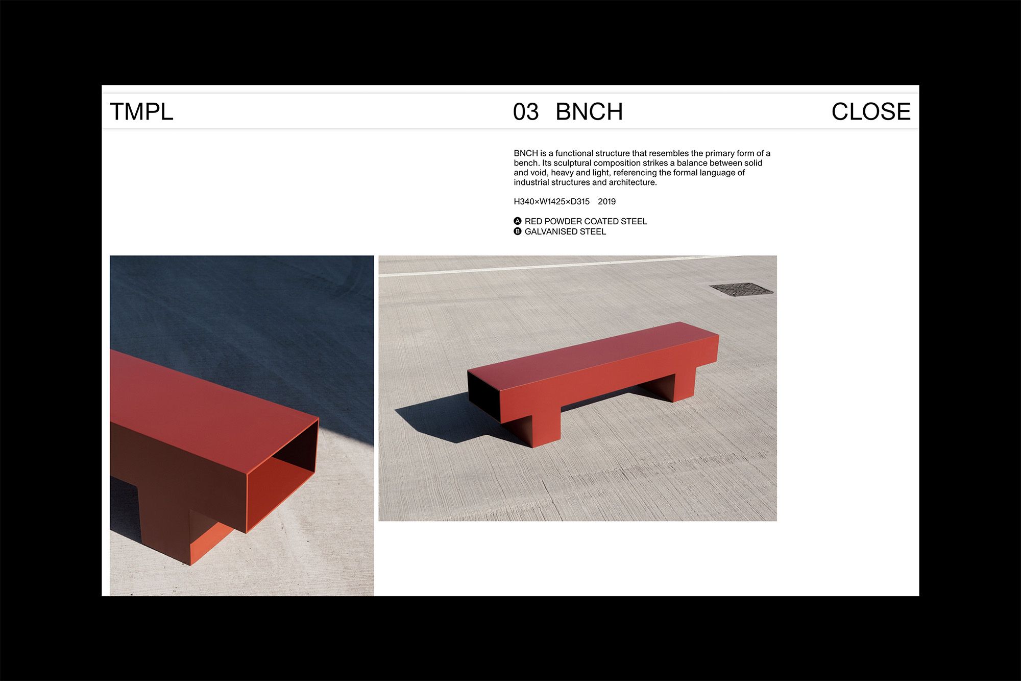 This presentation highlights a functional structure, BNCH, emphasizing a sculptural tension between solidity and void. The visual language relies on sharp geometric forms and the interplay of strong shadow to define volume and presence.