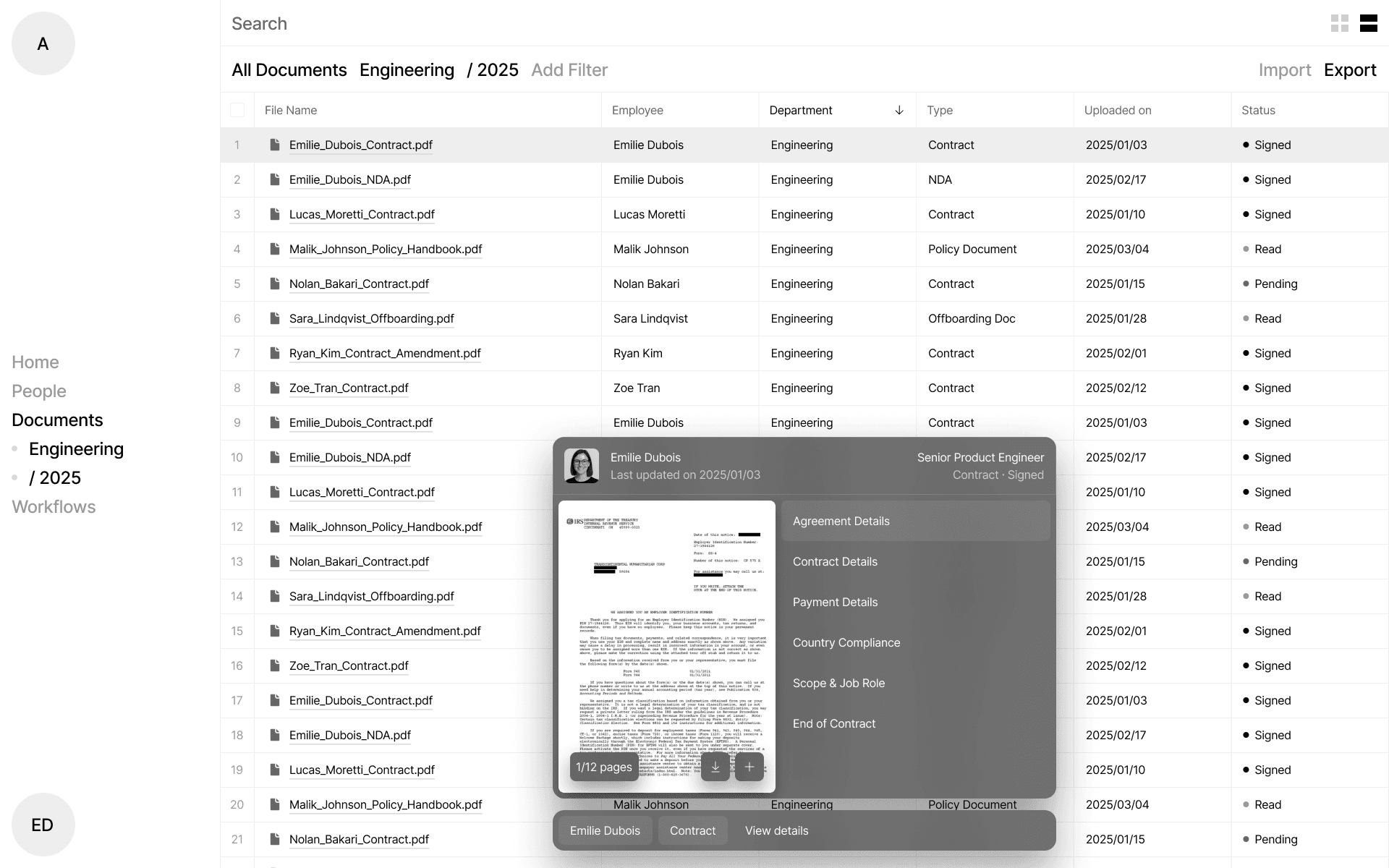 The image displays a clean, functional interface for document management, characterized by a standard table layout with clear row and column separation. The design prioritizes readability and data presentation, employing a minimalist aesthetic typical of professional software.