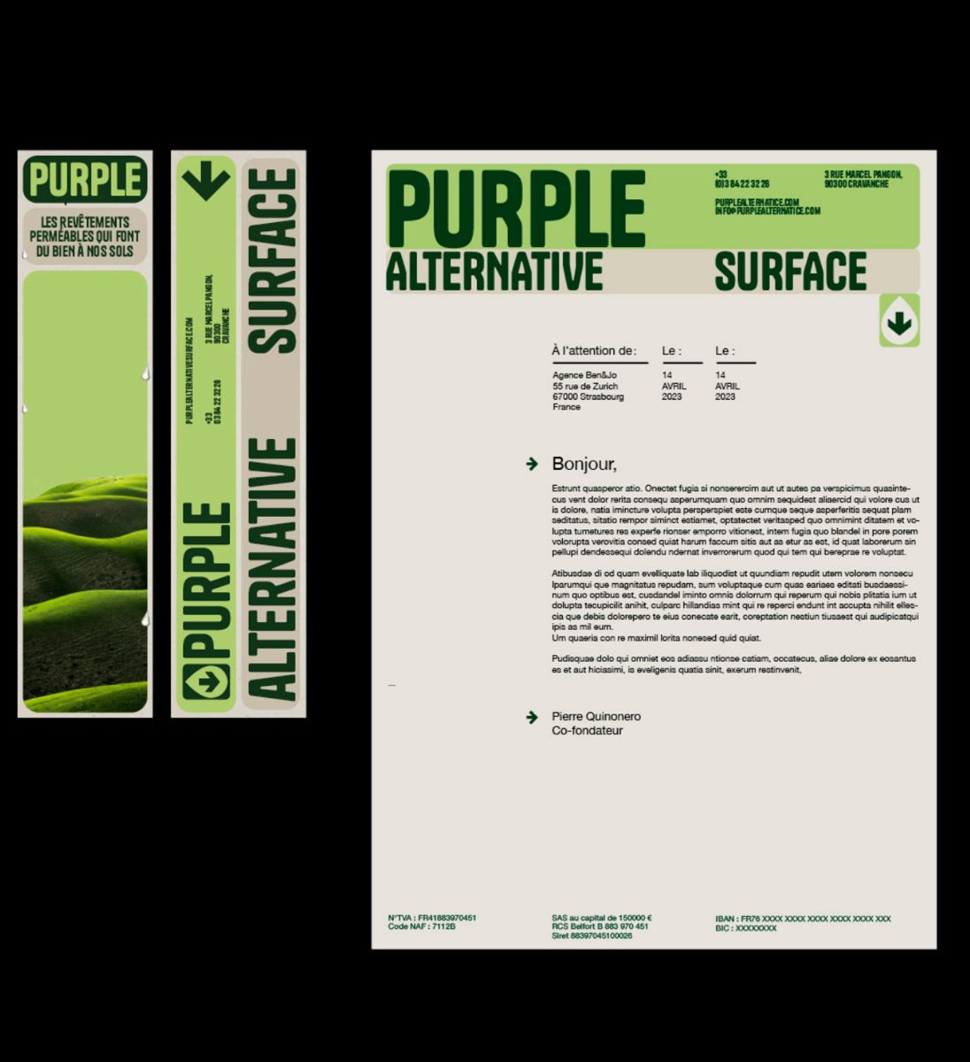 The image presents a clean, minimalist design focused on branding and surface alternatives, utilizing strong vertical alignment and high contrast between dark green/black and white space. The overall feel is professional, technical, and modern.