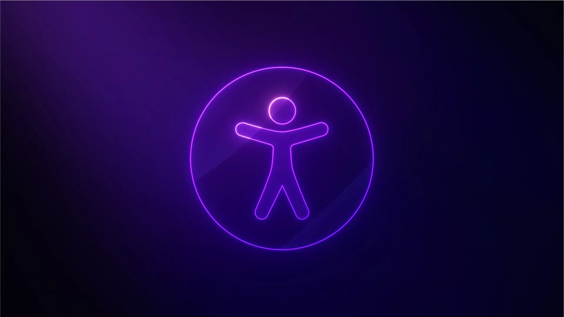 This design utilizes a striking neon aesthetic, featuring a simple minimalist figure contained within a vibrant circular boundary. The visual language is clean and modern, relying heavily on glowing lines against a deep dark background to create an impactful, futuristic feel.