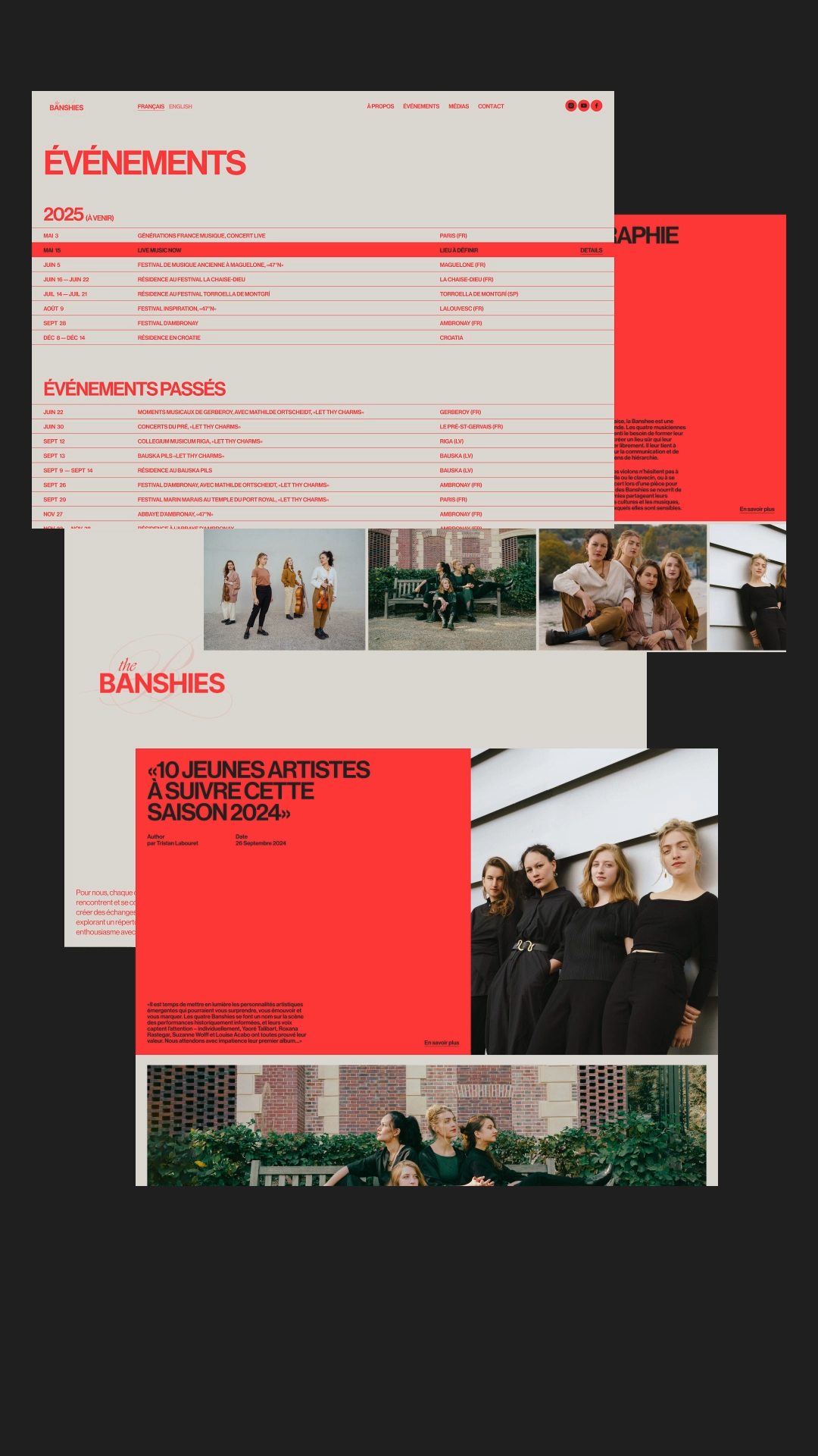 The design is clean, modern, and highly structured, utilizing a strong monochromatic palette dominated by red and white. It employs a grid-based layout typical of event or portfolio listings, conveying a professional and organized feel.