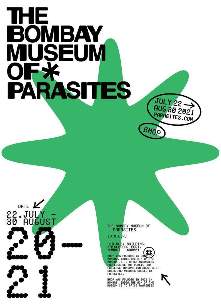 A bold, contemporary exhibition poster featuring a vibrant green starfish as the central visual metaphor for 'The Bombay Museum of Parasites.' The design combines playful organic forms with stark typography and functional information layout, creating an engaging tension between scientific subject matter and approachable visual language.