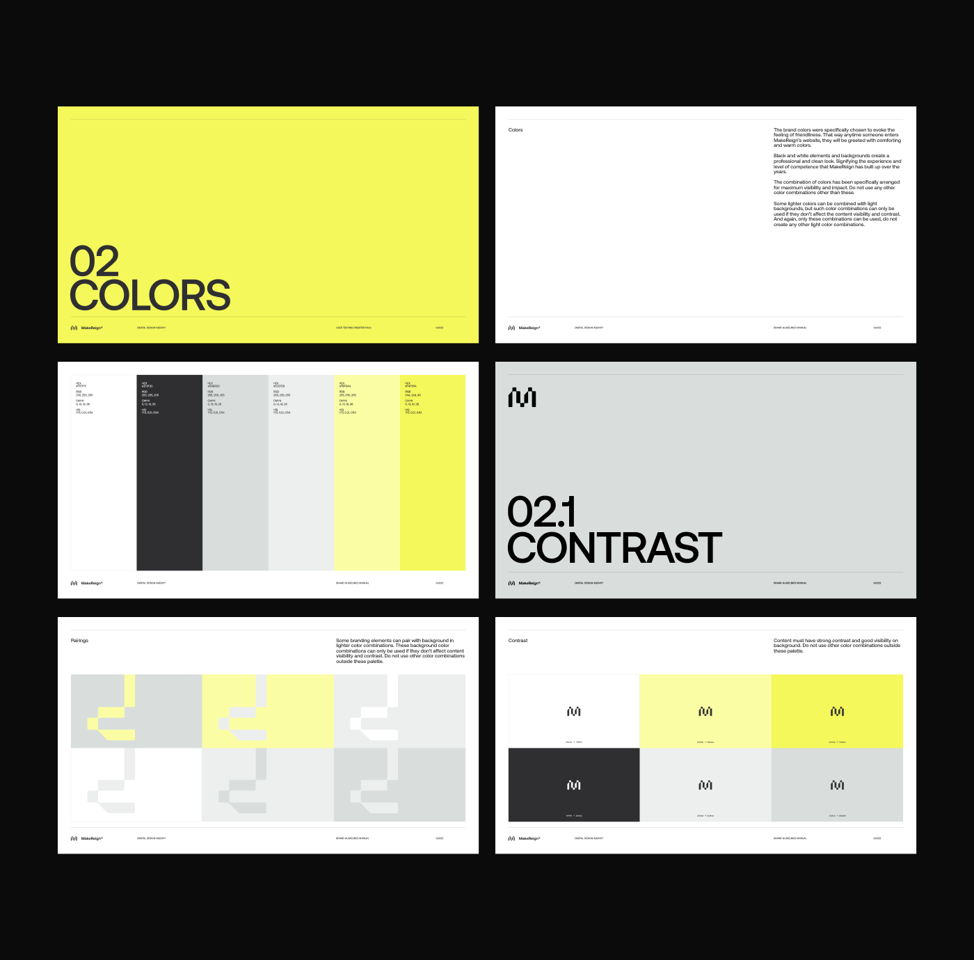 This collection of designs showcases a strong focus on minimalist principles, utilizing high contrast between bold colors and neutral tones. The visual language is clean, structured, and highly organized, emphasizing clarity and sophisticated color combinations.