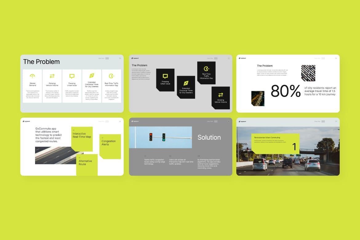 The image displays a set of clean, modern UI mockups presented against a vibrant lime green background. The design emphasizes clarity, minimalism, and a professional, corporate feel through simple iconography and ample white space.