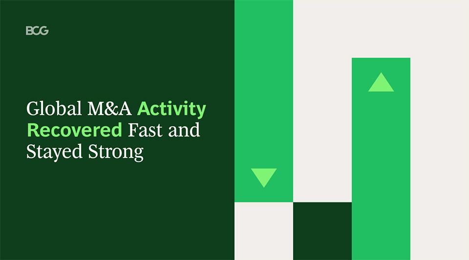 This is a clean, corporate-focused slide design utilizing a restricted palette of greens and white. The visual language relies on geometric shapes to represent data or metrics, conveying a sense of stability and positive performance.