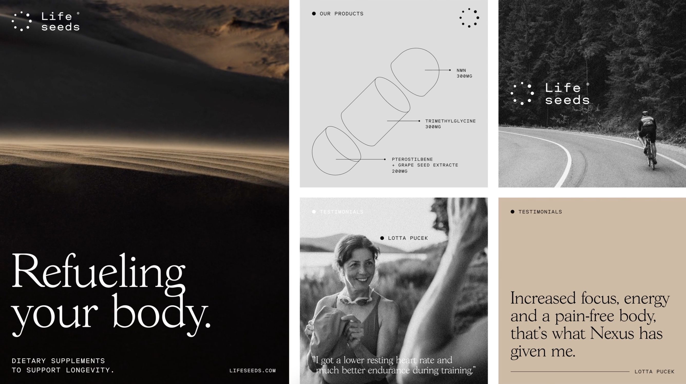 The design employs a minimalist, earthy aesthetic with high contrast between dark tones and subtle textures. It uses clean lines and ample negative space to convey a sense of natural wellness and premium health products.