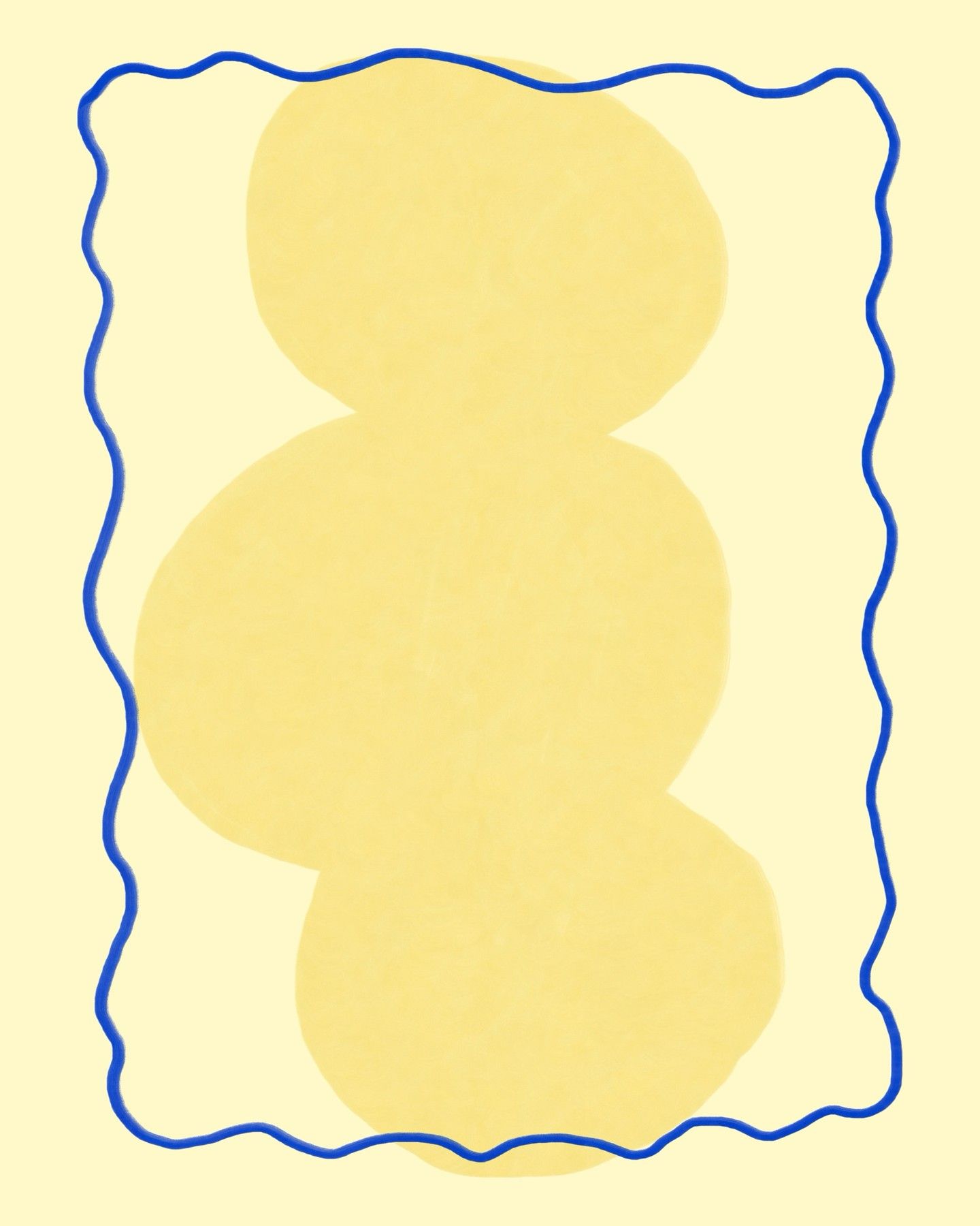 A minimalist, playful illustration featuring stacked organic circular forms in soft yellow tones, framed by a wavy blue border. The design employs a gentle, contemporary aesthetic with a focus on simple geometric abstraction and negative space.