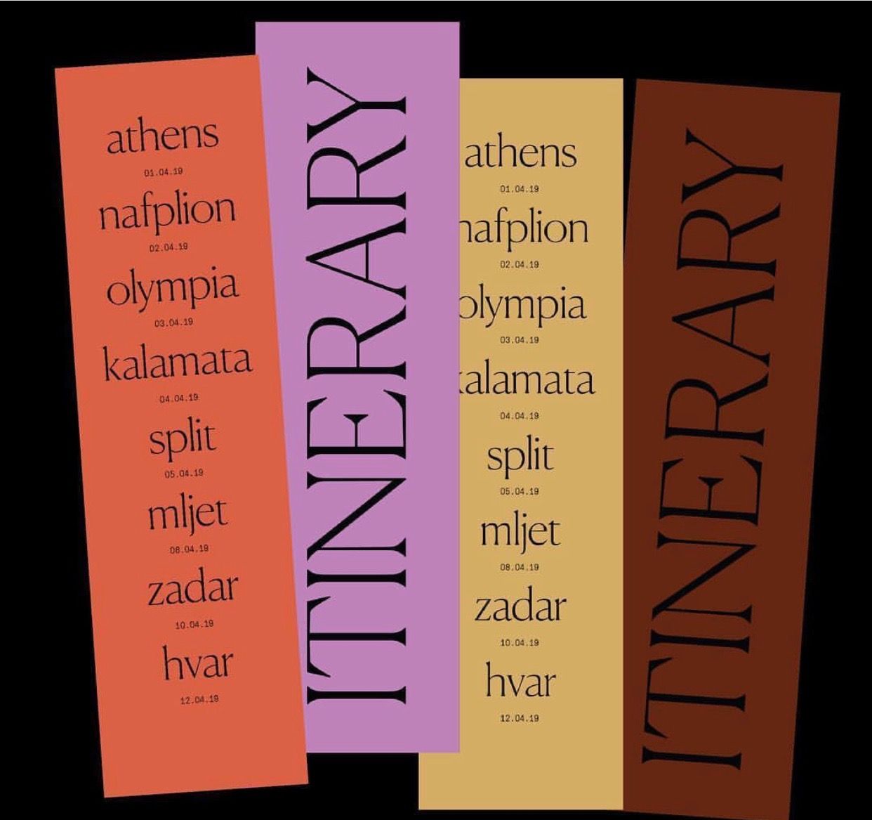 This image presents a vertical, list-based design characterized by strong color blocking and clear typographic hierarchy. The layout is clean and structured, using distinct blocks of color to separate individual entries, suggesting a navigational or informational itinerary.