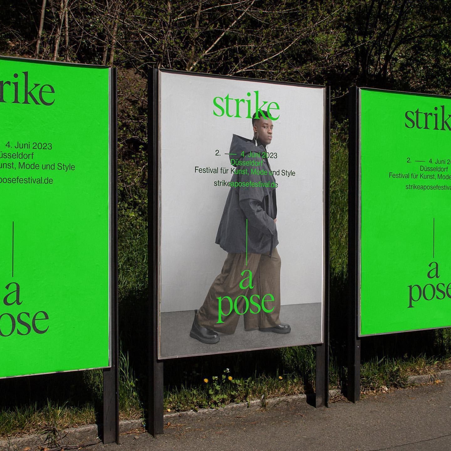 This is a series of large, vertical exhibition panels featuring minimalist photography and bold, contrasting typography. The design employs a stark, high-contrast aesthetic to present artistic or promotional content clearly and with a modern, gallery-like feel.