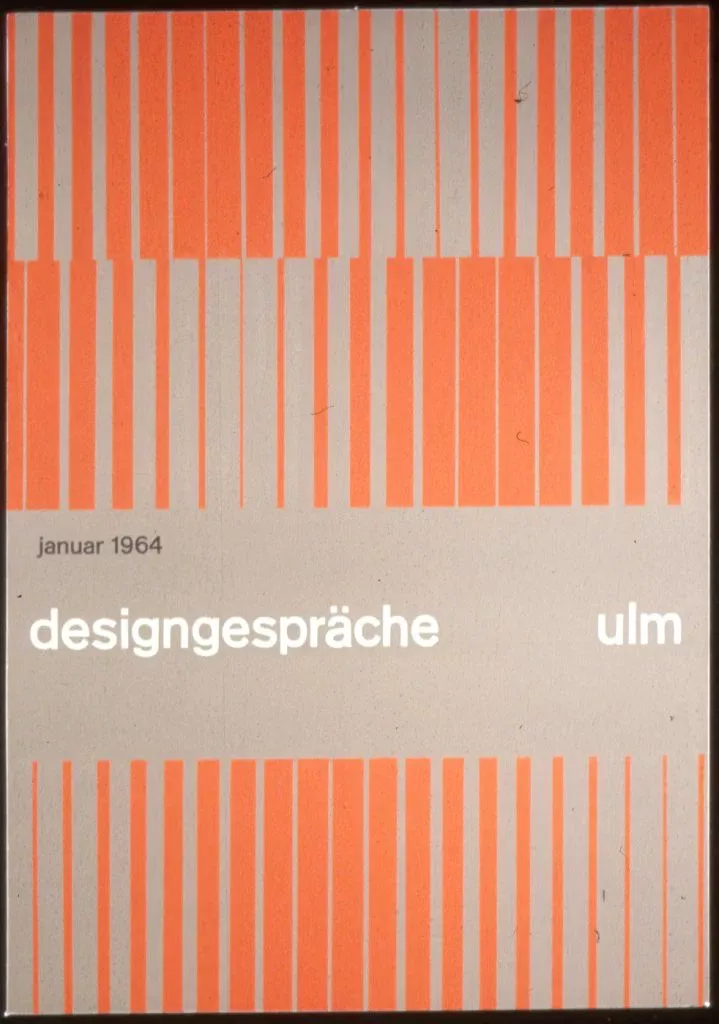 A modernist Swiss design publication cover from 1964 featuring a bold geometric composition of vertical stripes in coral and gray. The minimalist layout combines systematic grid-based abstraction with clean typography, exemplifying the International Style's emphasis on order, clarity, and functional aesthetics.