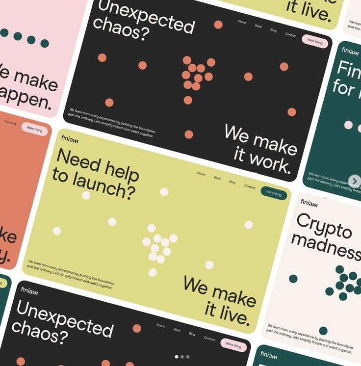 Website mockups for finiaw platform showing multiple page layouts including homepage, dashboard, and feature pages. Demonstrates responsive design system.