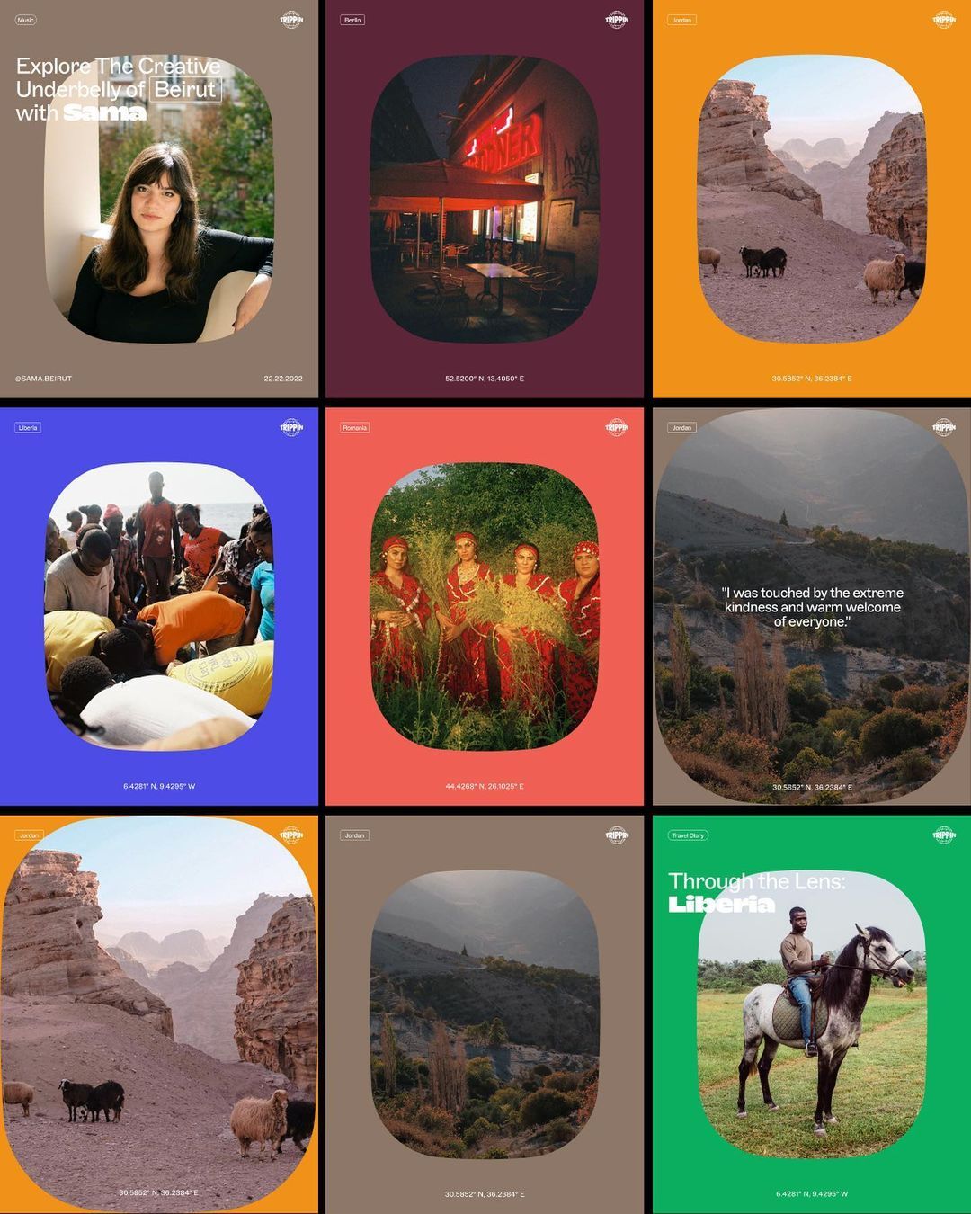 This is a grid of visually rich, square-format photographic tiles, likely serving as portfolio pieces or editorial content. The design employs a muted, earthy color palette and focuses heavily on natural landscapes and portraiture, creating a sophisticated and evocative mood.