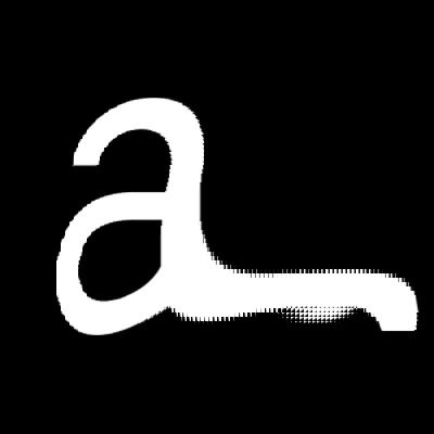 This is a minimalist typographic study featuring a lowercase letter 'a' rendered in stark white against a deep black background. The design emphasizes clean lines, high contrast, and simple geometric form to create a strong visual statement.