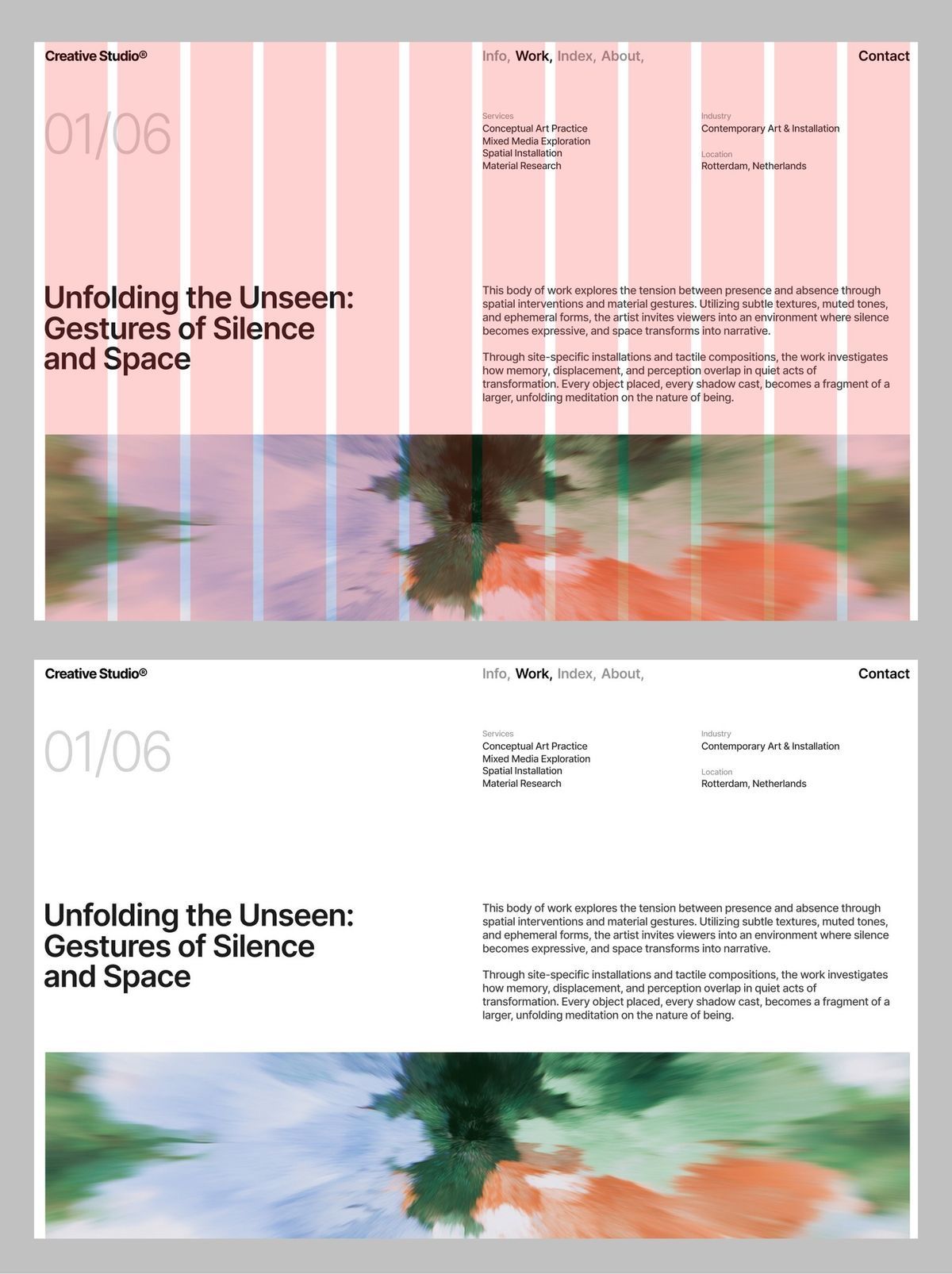 The design employs a minimalist and evocative aesthetic, using soft, blended gradients and muted colors to convey a sense of quiet contemplation. The layout is clean and structured, balancing textual information with abstract visual elements that suggest texture and presence.