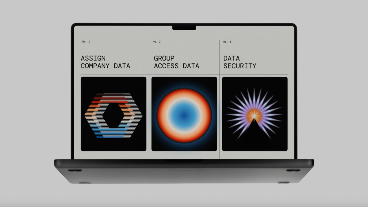 This design showcases a clean, high-contrast interface using abstract geometric graphics to represent complex data concepts. The visual language is modern and technical, relying on precise shapes and gradient effects to convey structure and security.