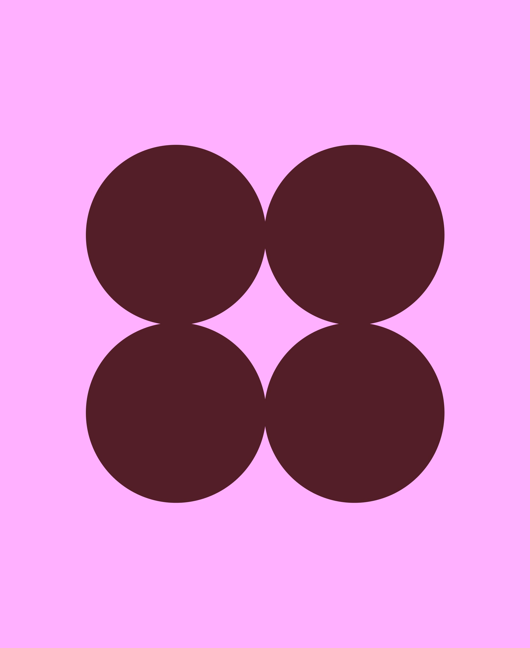 This image features a minimalist, abstract composition using solid circles arranged in an 'X' or cross pattern against a soft pink background. The design relies on simple geometric shapes and high contrast between the dark circles and the light background to create a balanced, clean aesthetic.