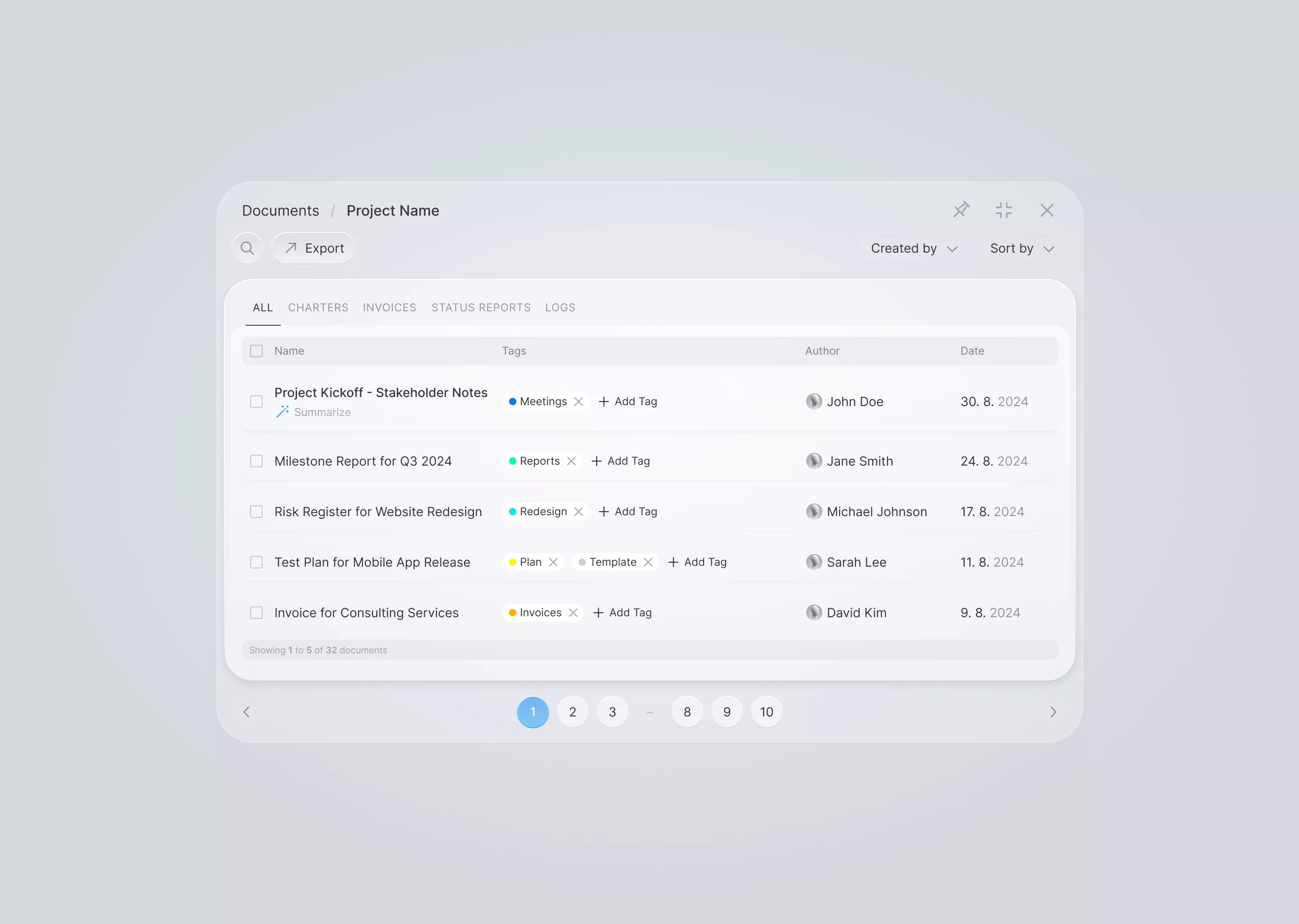 The interface presents a clean, modern, and highly functional document management view. It utilizes ample white space and subtle gray tones to create a professional, organized, and minimalist user experience.