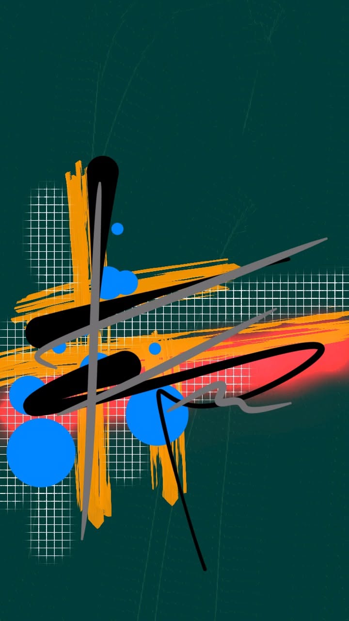 This is an abstract composition characterized by bold, gestural lines and geometric overlays that create a dynamic tension between chaotic brushstrokes and structured grid patterns. The design utilizes high contrast and layered elements to achieve an energetic, modern, and slightly grunge aesthetic.