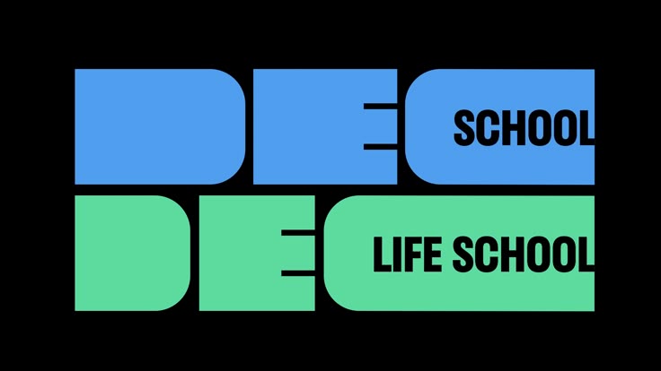 This is a bold, modern typographic logo using sans-serif block letters to spell out 'DEC SCHOOL' stacked above 'DEC LIFE SCHOOL'. The design relies on strong geometric shapes and a clean, minimalist approach to convey an educational or institutional identity.