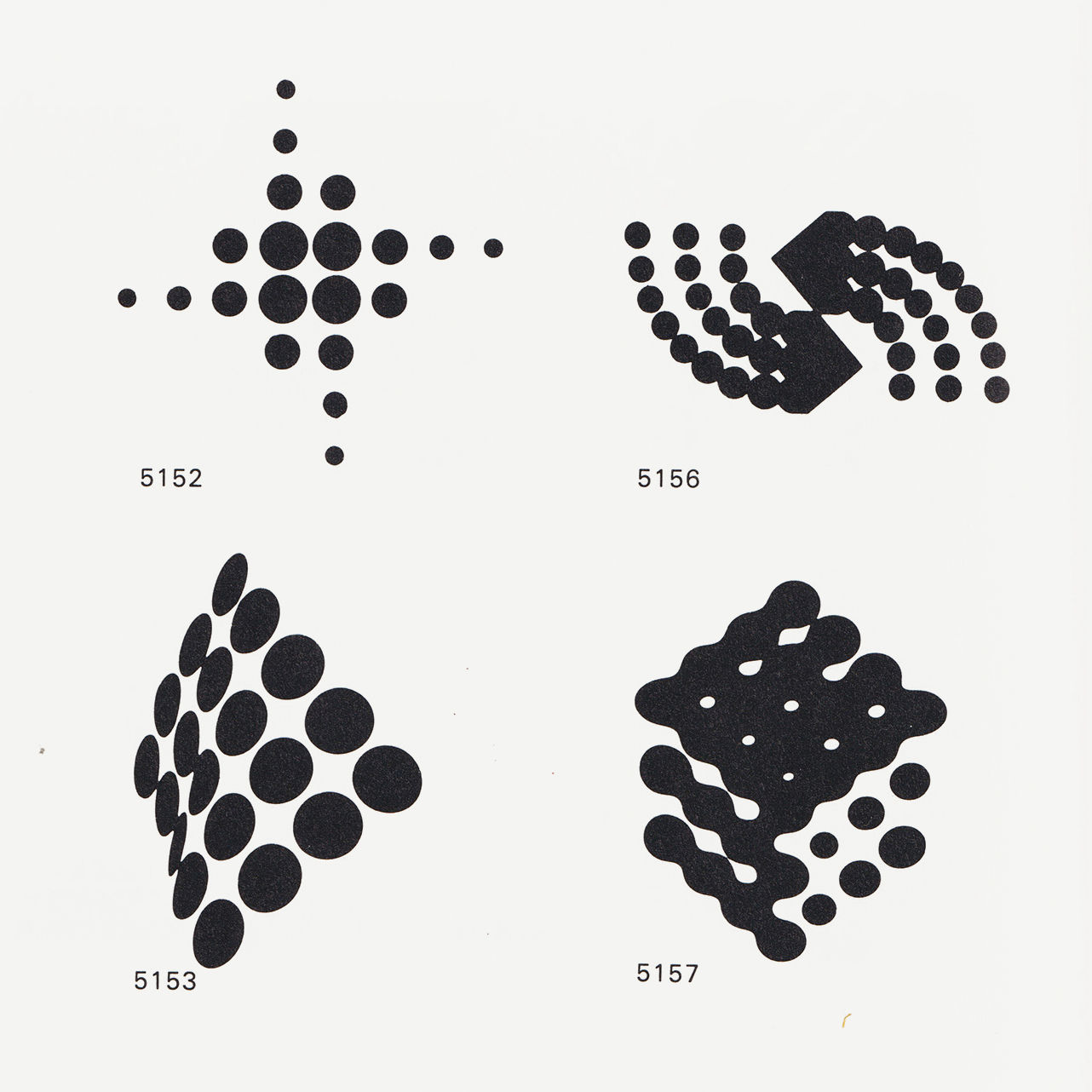 This image presents a collection of abstract, geometric point patterns, likely representing data visualization or graphic elements. The design relies on simple black dots arranged in various starburst, cluster, and irregular formations, suggesting a focus on pattern recognition or texture.