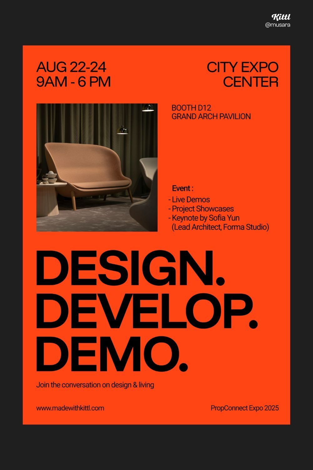 The poster employs a stark, high-contrast design using a vibrant orange background to draw immediate attention to the event details. The layout is clean and modern, balancing large, bold typography with photographic elements to convey a professional and engaging atmosphere.