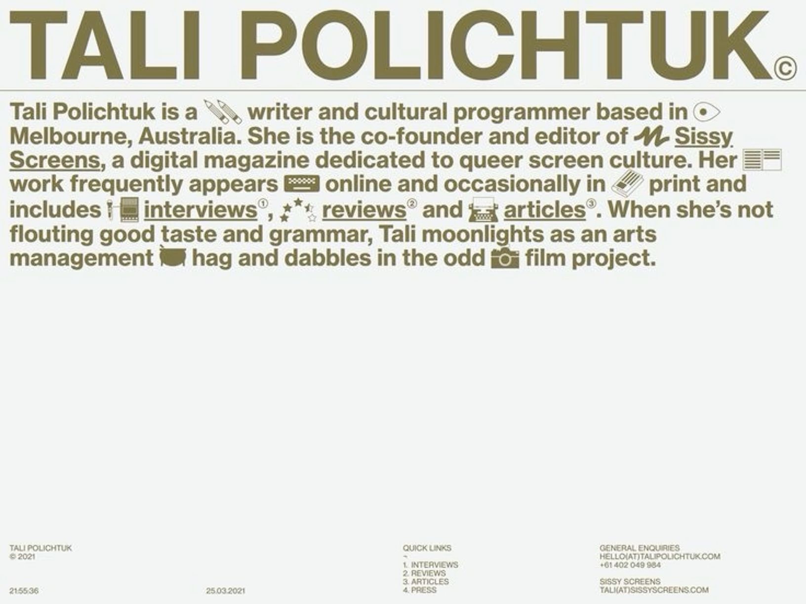 The design is minimalist and text-heavy, presenting biographical information in a straightforward, academic manner. It uses a clean layout with ample white space to emphasize the text, suggesting a professional or journalistic profile.