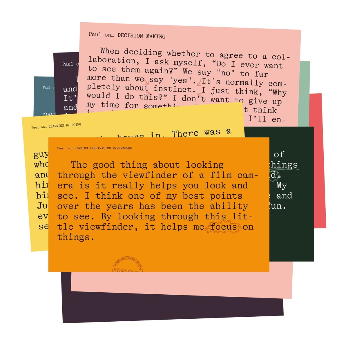 This image presents a collage or collection of text snippets, likely excerpts from articles or personal reflections, arranged in a layered, somewhat organic manner. The design relies heavily on typography and the juxtaposition of different text blocks against a muted, earthy background.